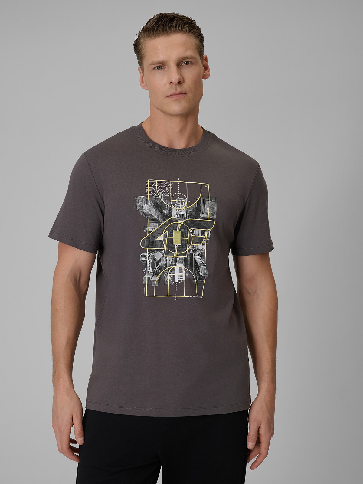 4F T-shirt regular z nadrukiem męski - szary XXL