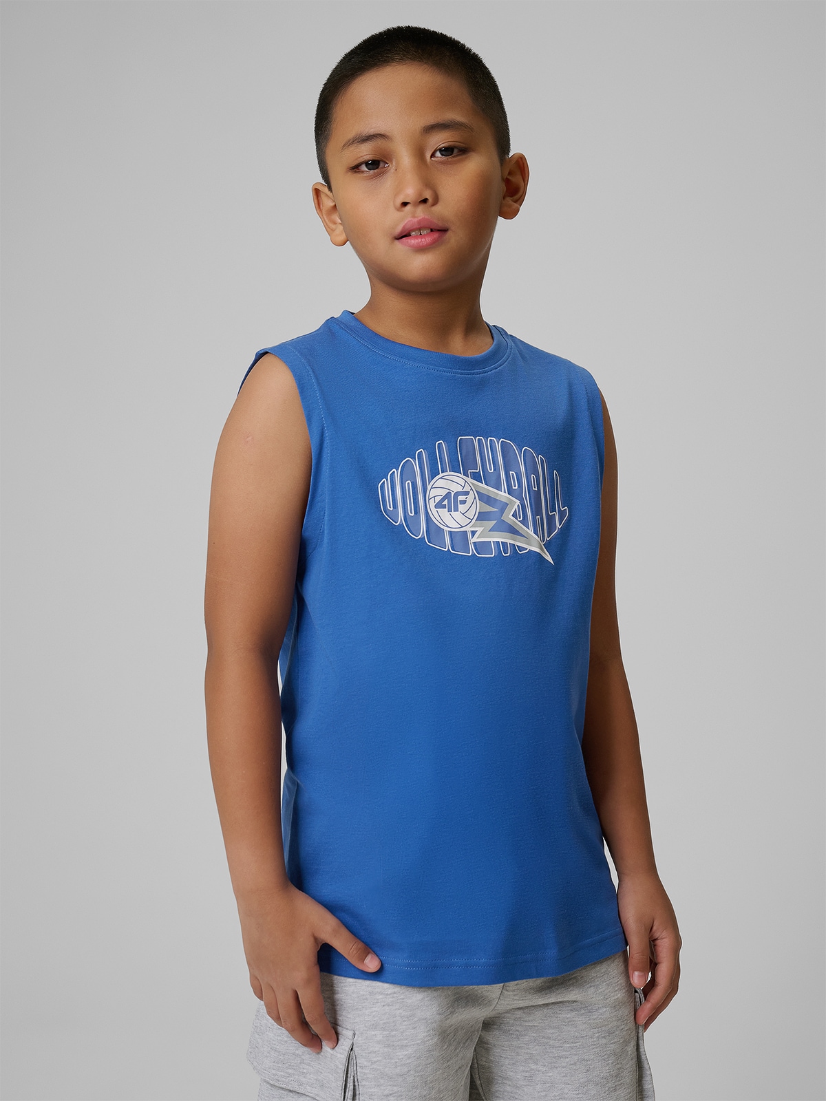 4F Koszulka bez rękawów loose z nadrukiem chłopięca - granatowa 164 (13-14 lat)