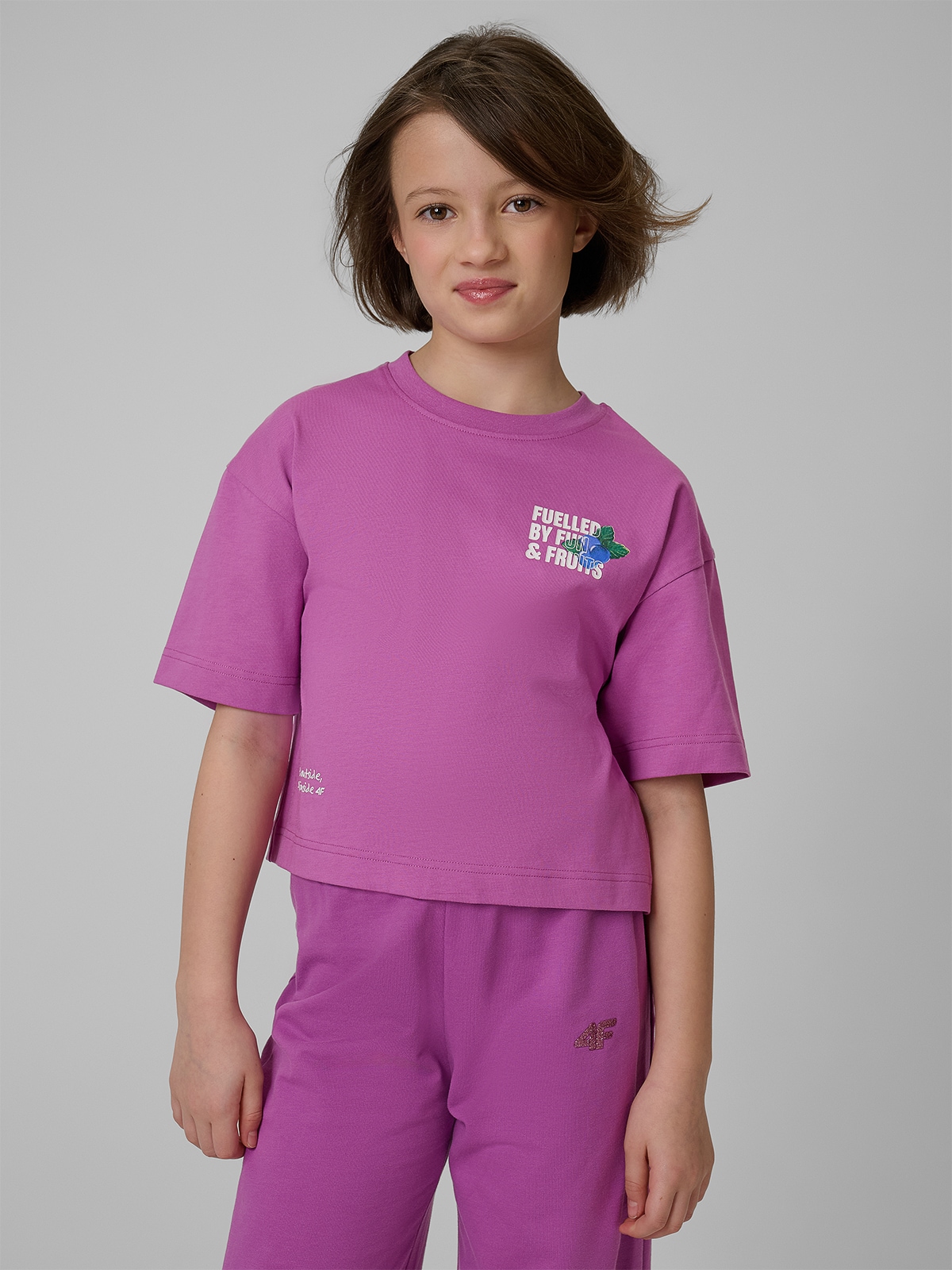 4F T-shirt loose z nadrukiem dziewczęcy - fioletowy 158/164 (12-14 lat)