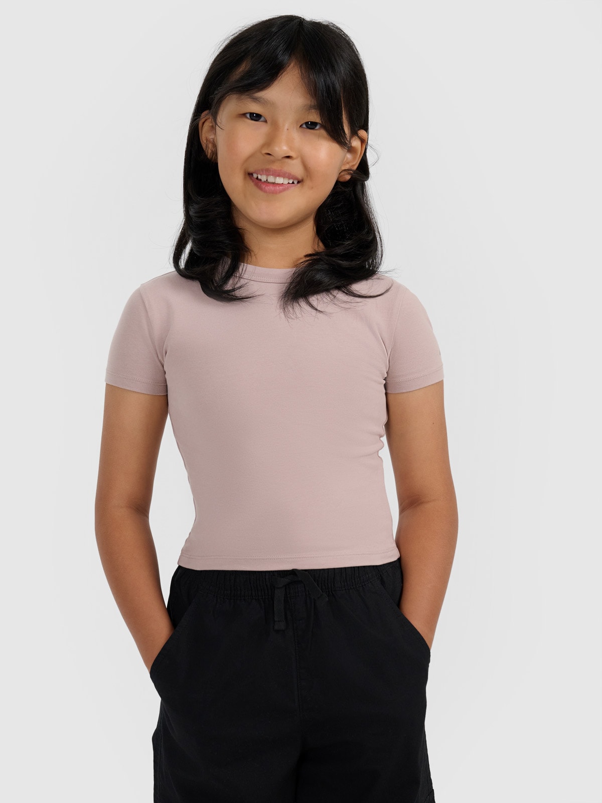 4F Crop top slim gładki dziewczęcy - brązowy 122 (6-7 lat)