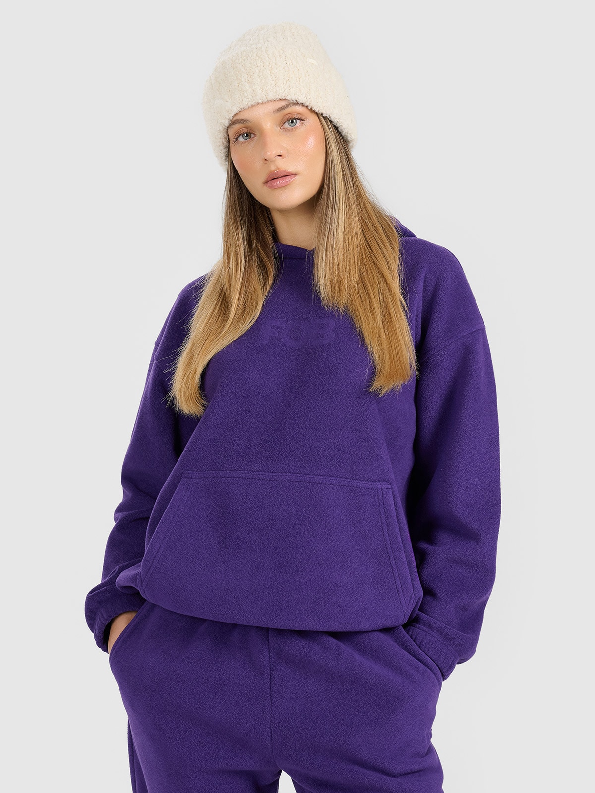 4F Polar loose z kapturem damski - fioletowy S
