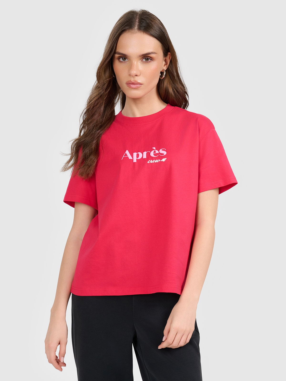 4F T-shirt boxy z nadrukiem damski - czerwony XS