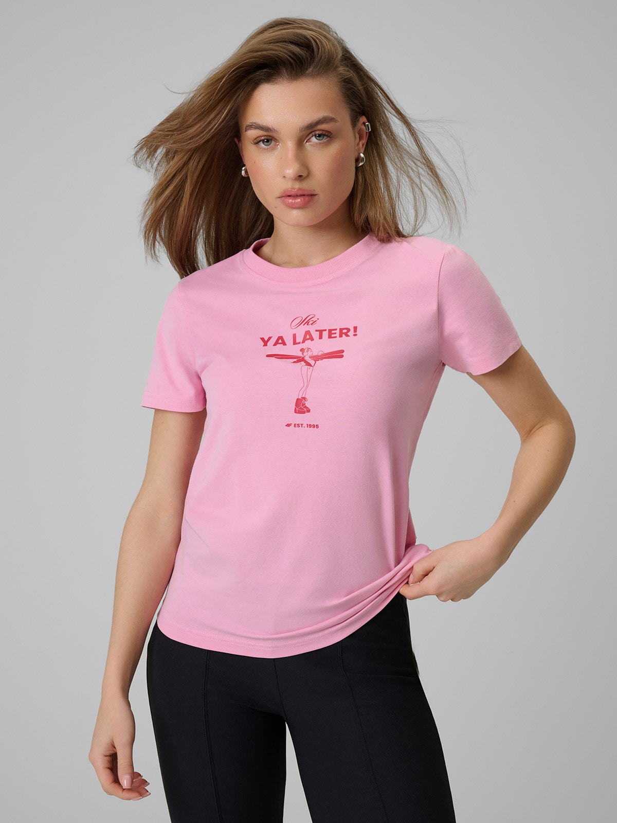 4F T-shirt regular z nadrukiem damski - różowy XXL