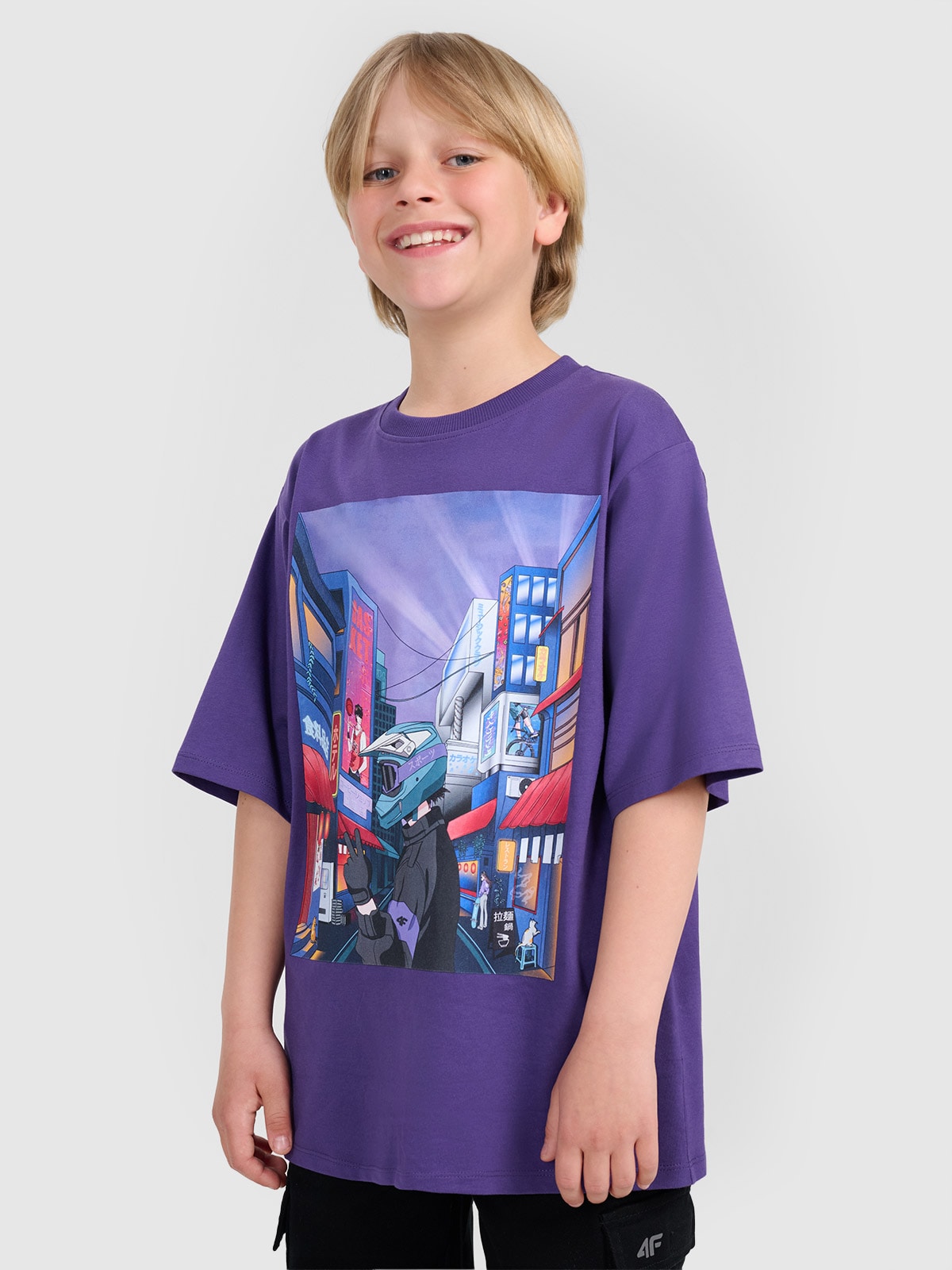 4F T-shirt oversize z nadrukiem chłopięcy - fioletowy 140 (9-10 lat)
