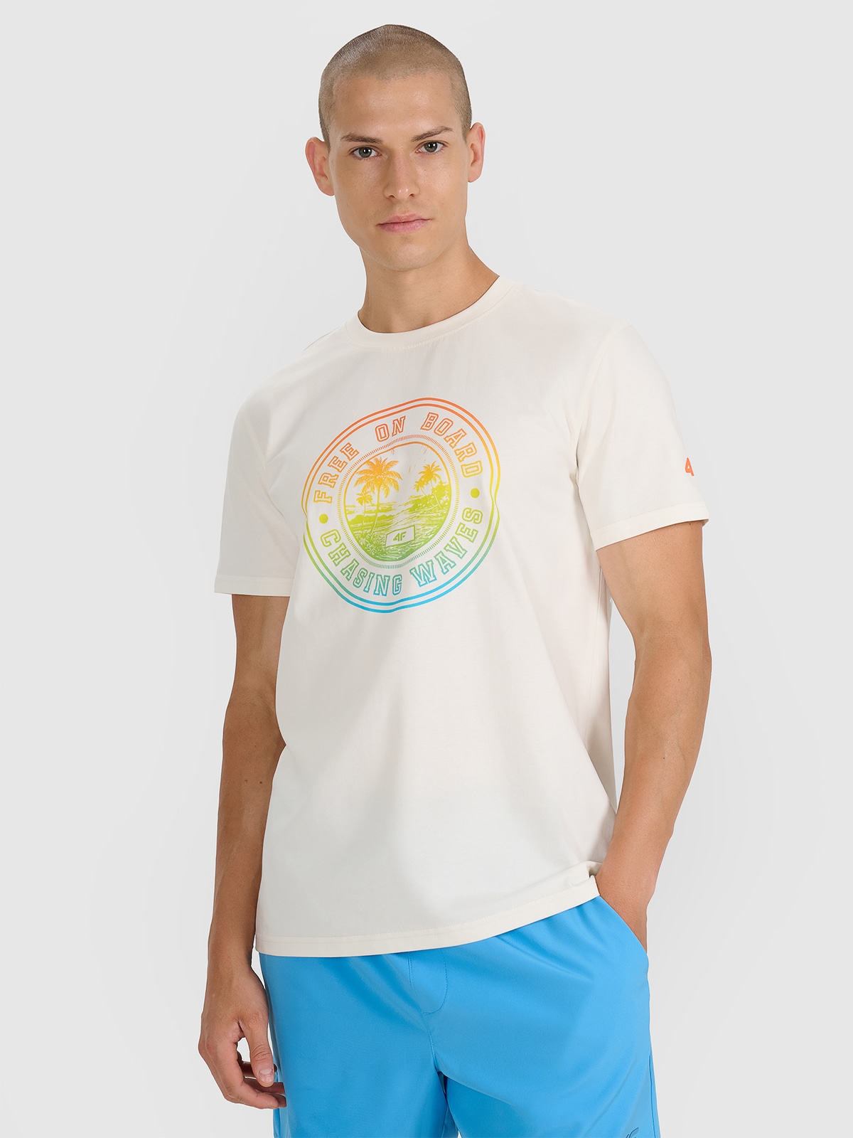 4F T-shirt regular z nadrukiem męski - beżowy L