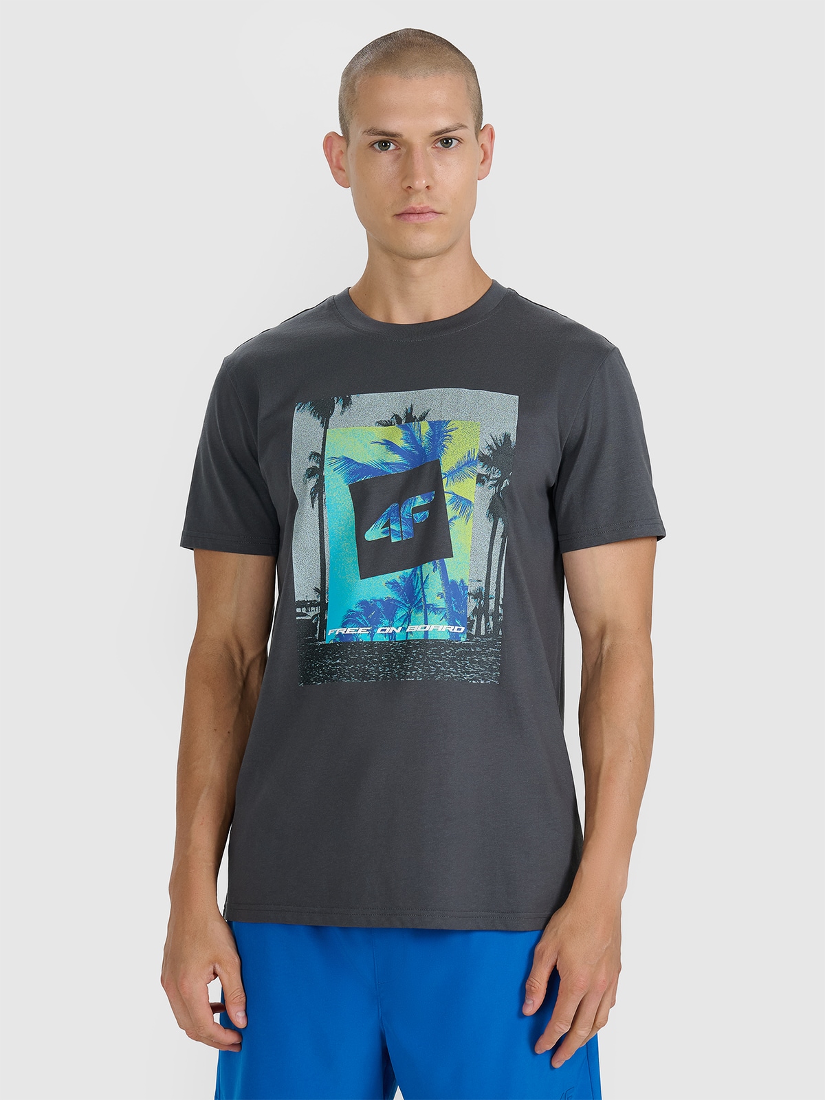 4F T-shirt regular z nadrukiem męski - szary L