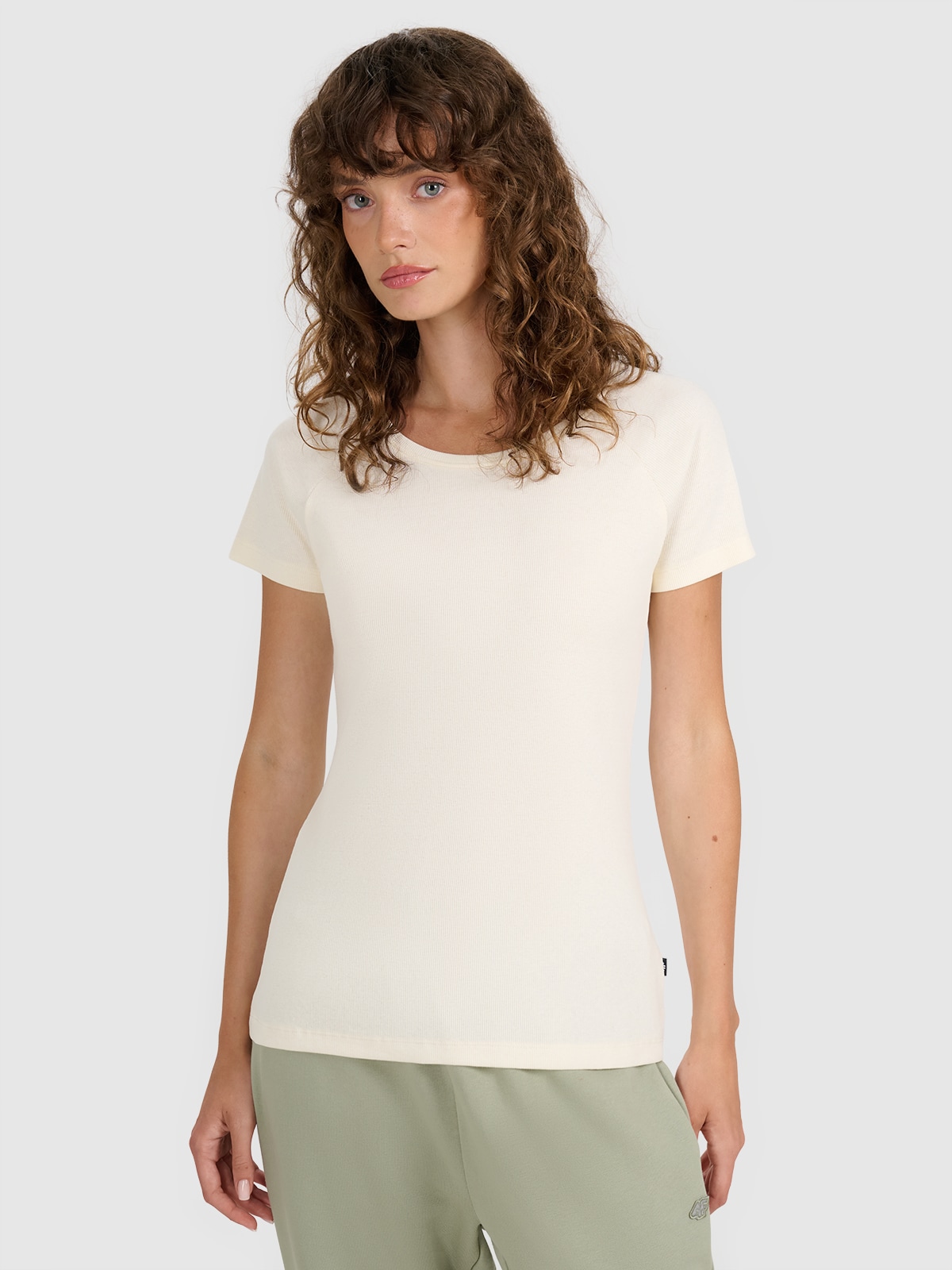 4F T-shirt regular z prążkowanej dzianiny damski - biały S