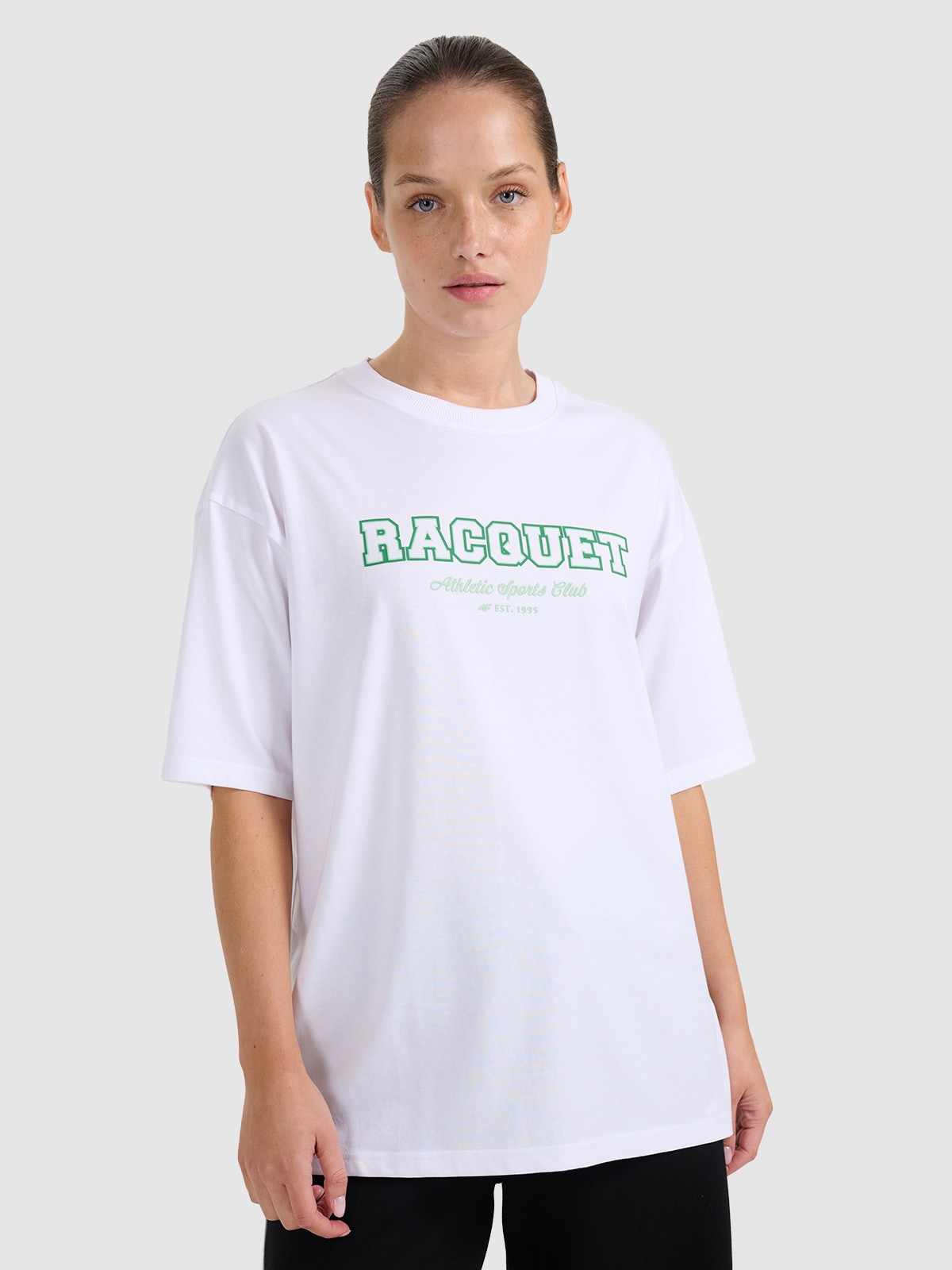 4F T-shirt oversize z nadrukiem damski - biały L