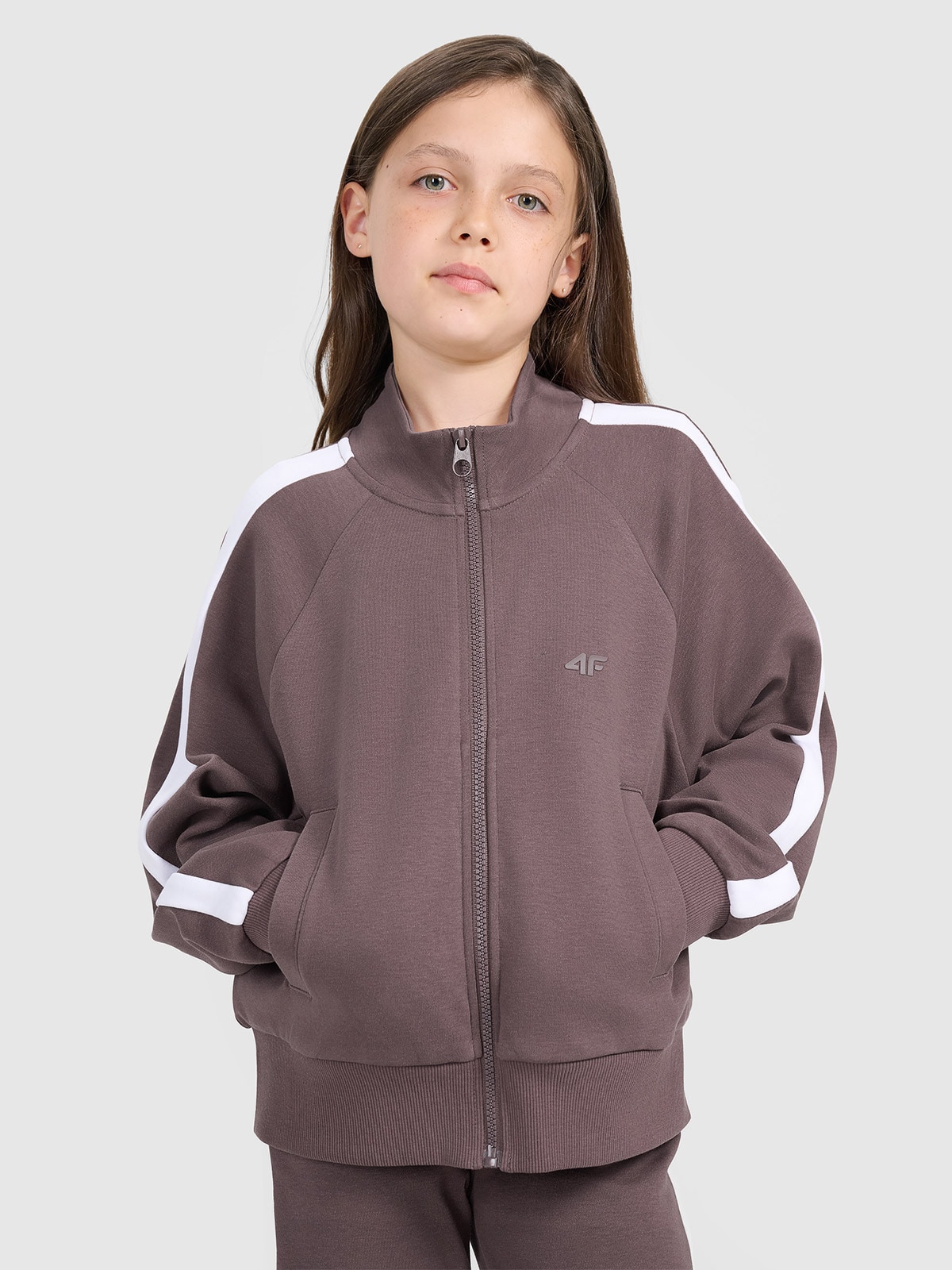 4F Bluza dresowa rozpinana bez kaptura dziewczęca - brązowa 122 (6-7 lat)