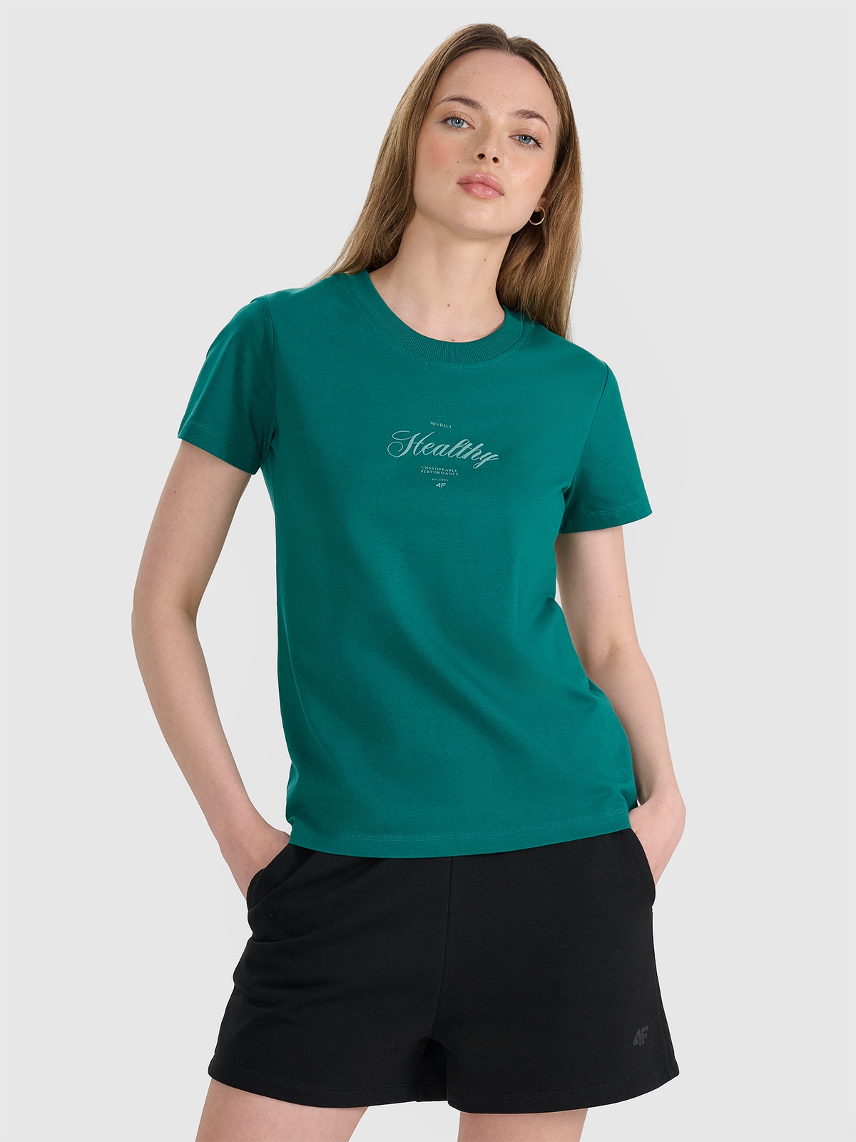 4F T-shirt regular z nadrukiem damski - turkusowy S