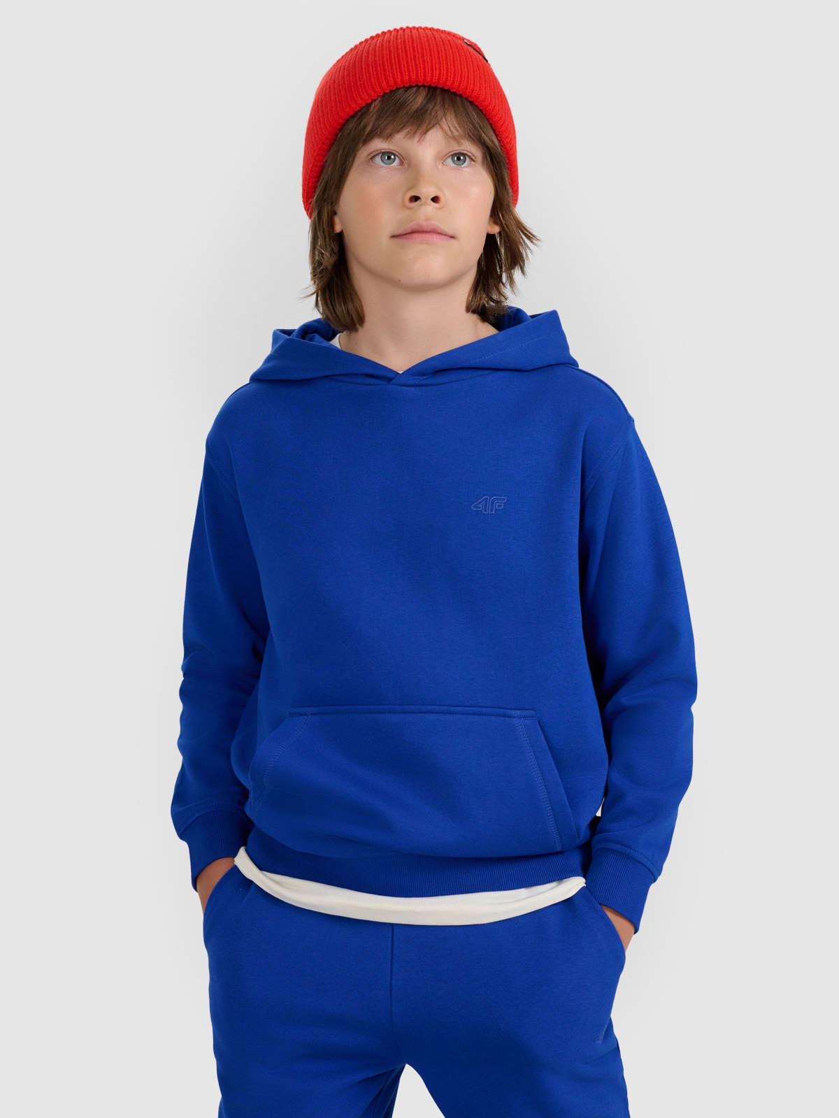 4F Bluza dresowa nierozpinana z kapturem chłopięca - niebieska 122 (6-7 lat)