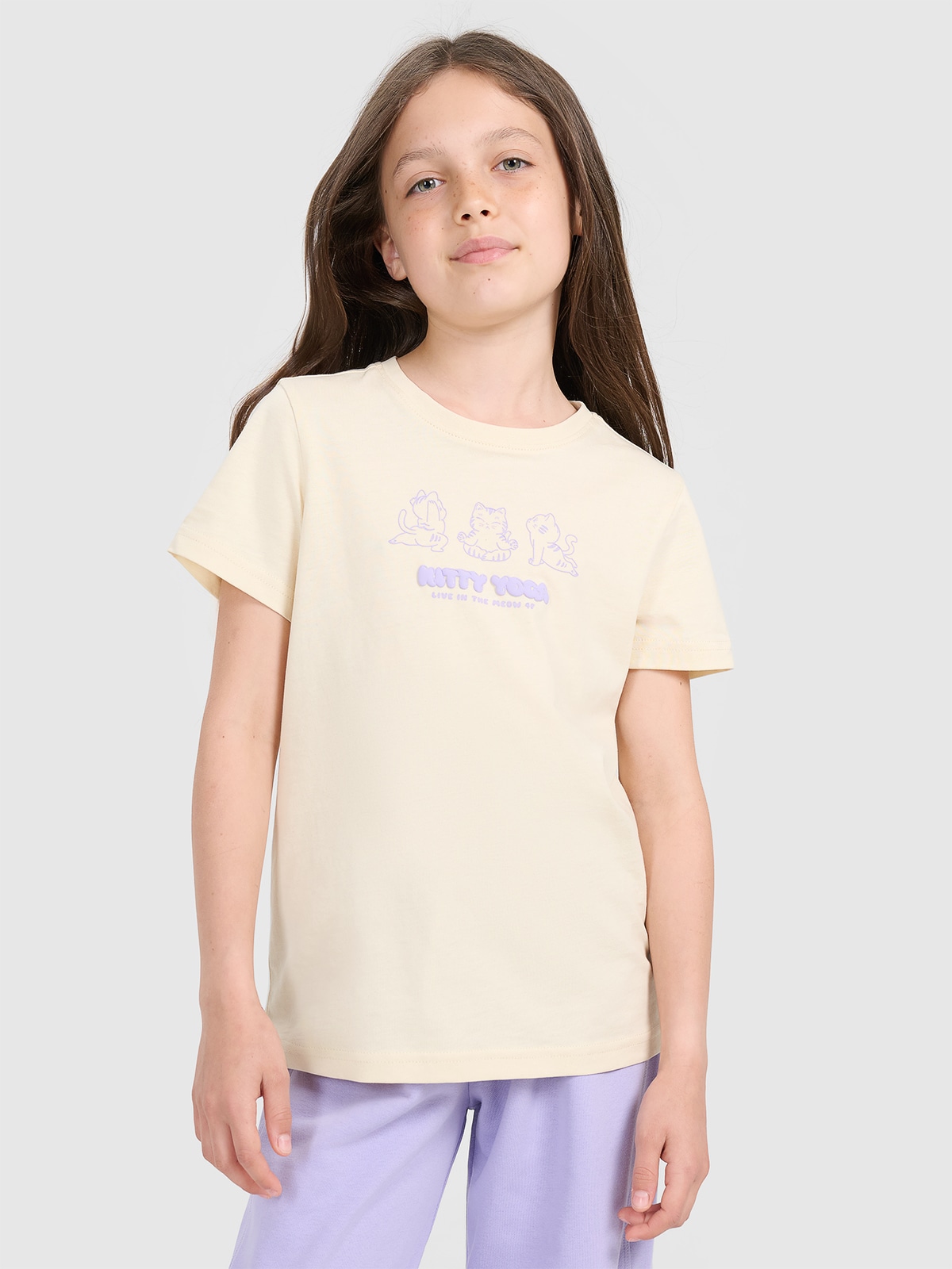 4F T-shirt regular z nadrukiem dziewczęcy - żółty 158 (12-13 lat)