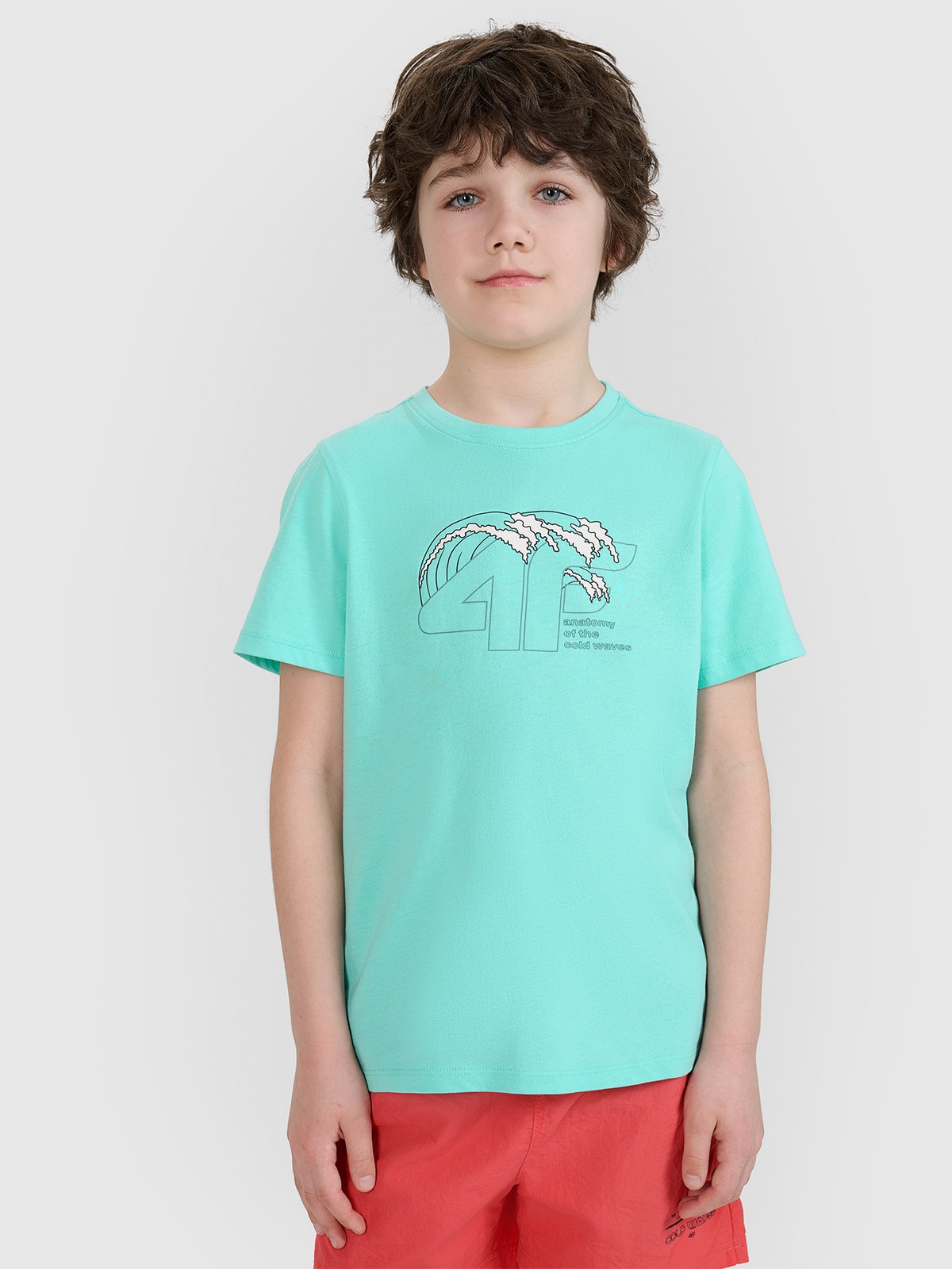 4F T-shirt regular z nadrukiem chłopięcy - turkusowy 122 (6-7 lat)