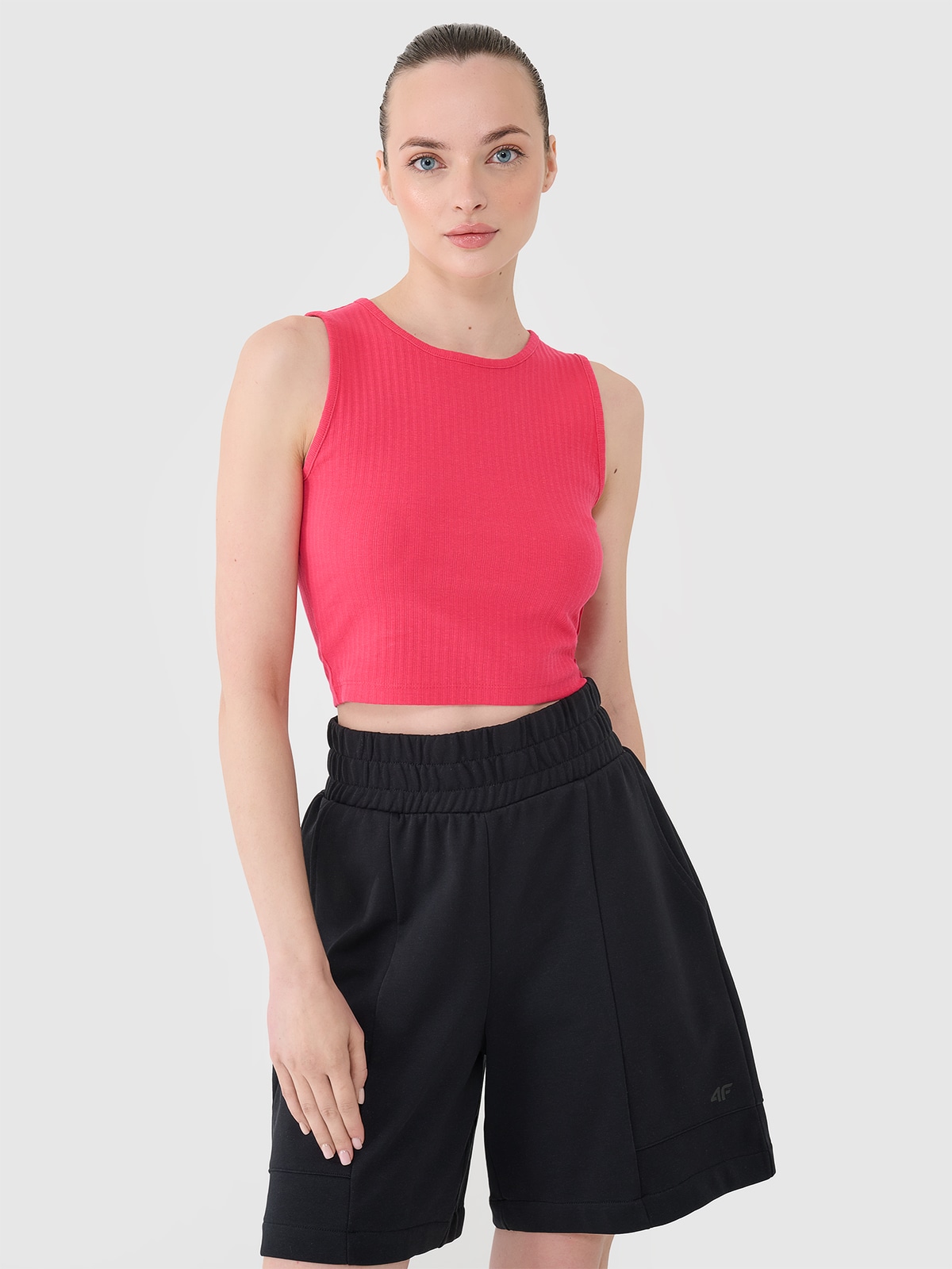 4F Crop top dzianinowy damski - różowy L