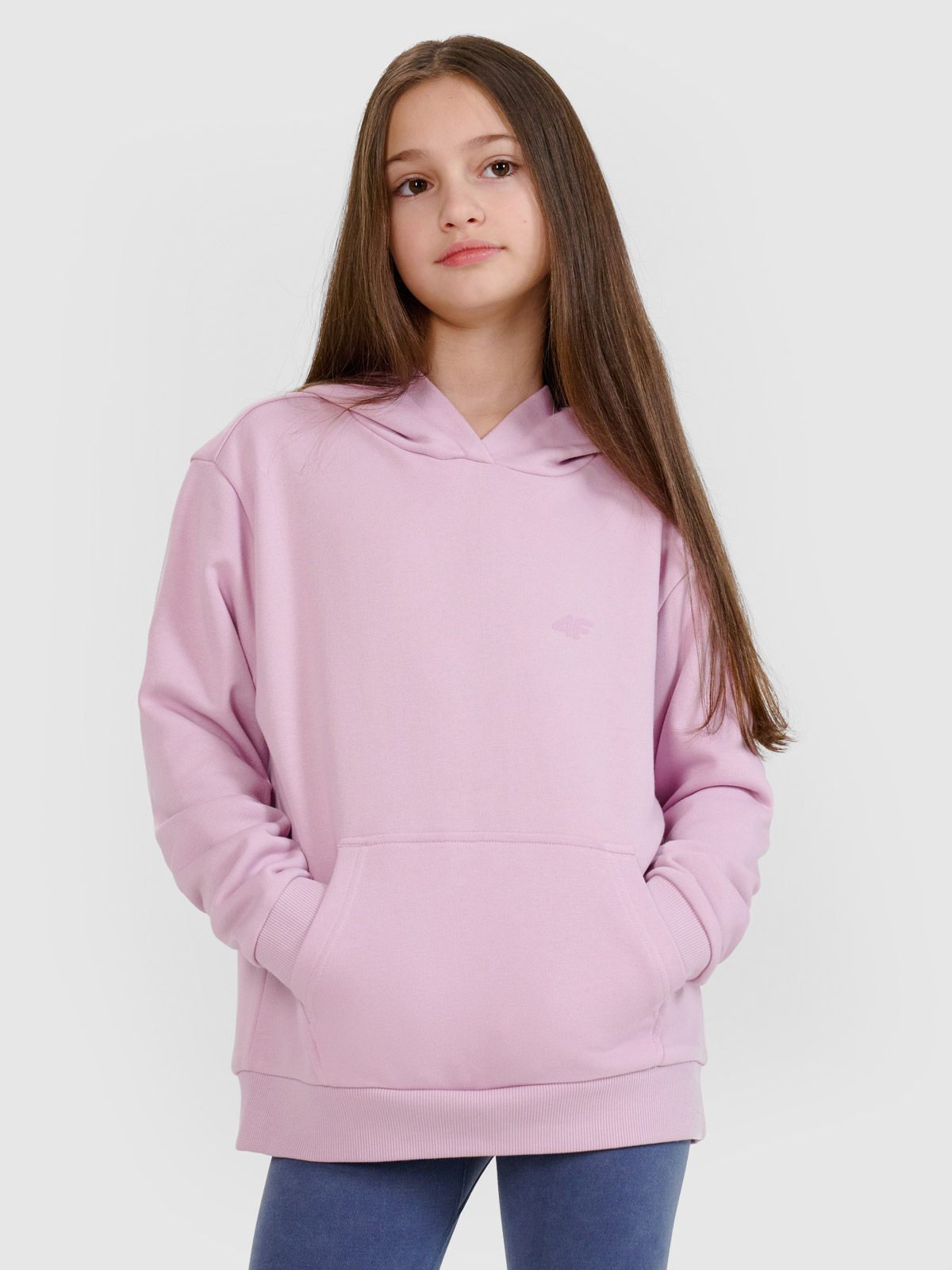 4F Bluza dresowa nierozpinana z kapturem dziewczęca - różowa 122 (6-7 lat)