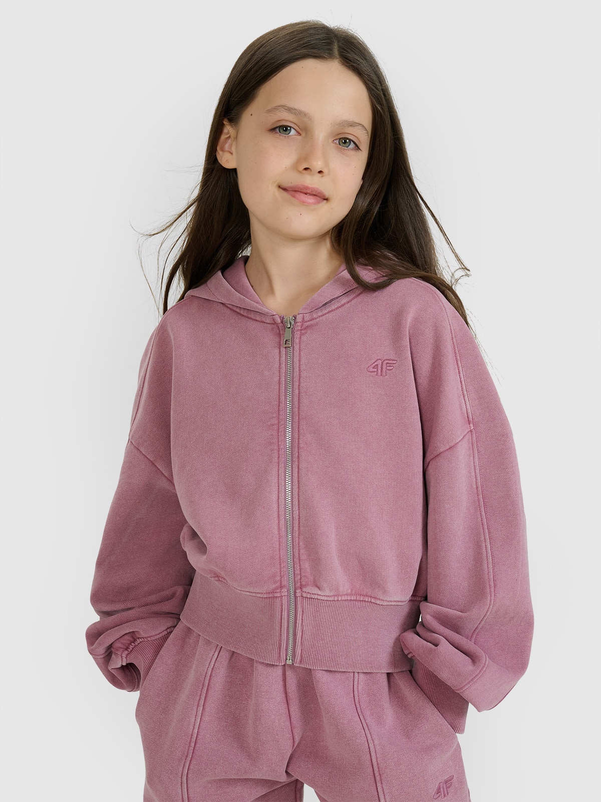 4F Bluza dresowa rozpinana z kapturem dziewczęca 4F JUNIOR x Anna Lewandowska - różowa 122 (6-7 lat)