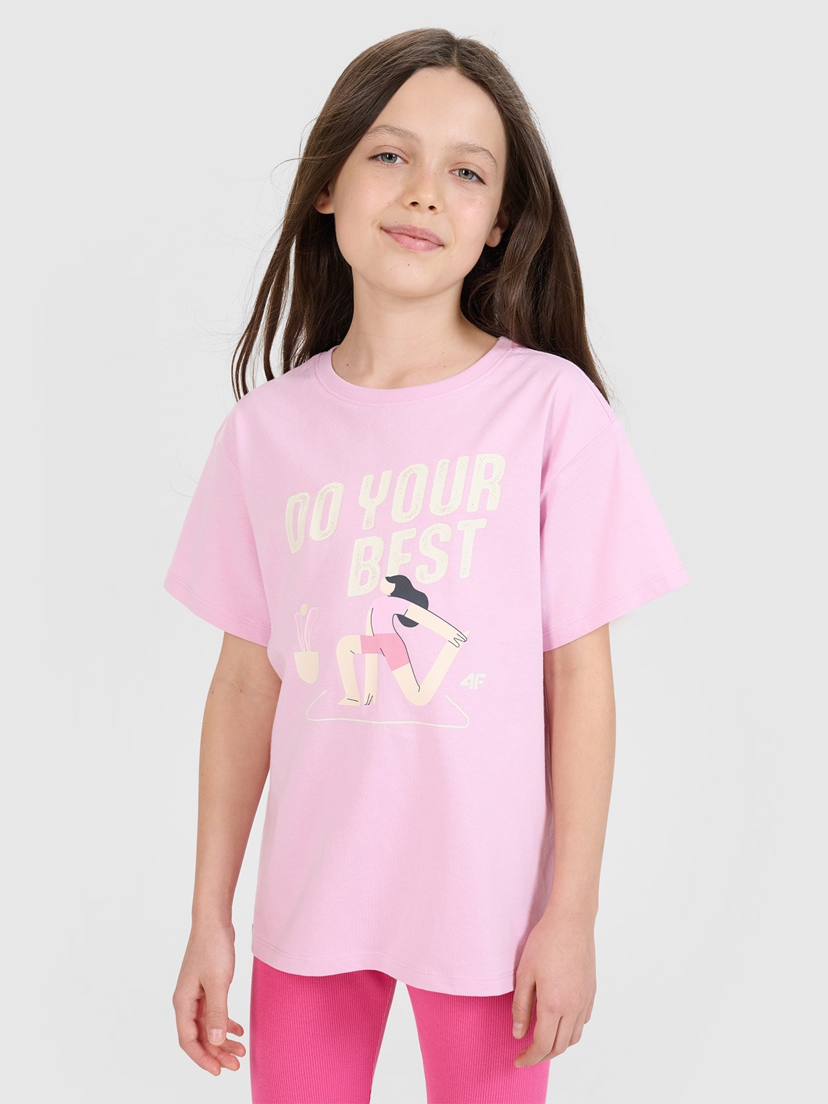 4F T-shirt regular z nadrukiem dziewczęcy - różowy 122 (6-7 lat)