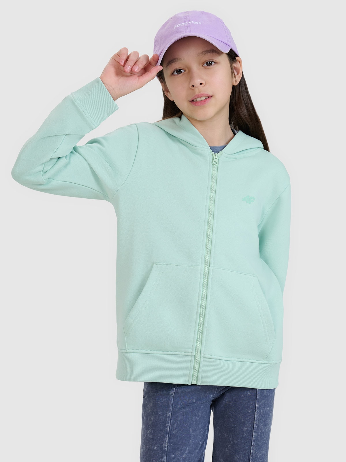 4F Bluza dresowa rozpinana z kapturem dziewczęca - turkusowa 140 (9-10 lat)