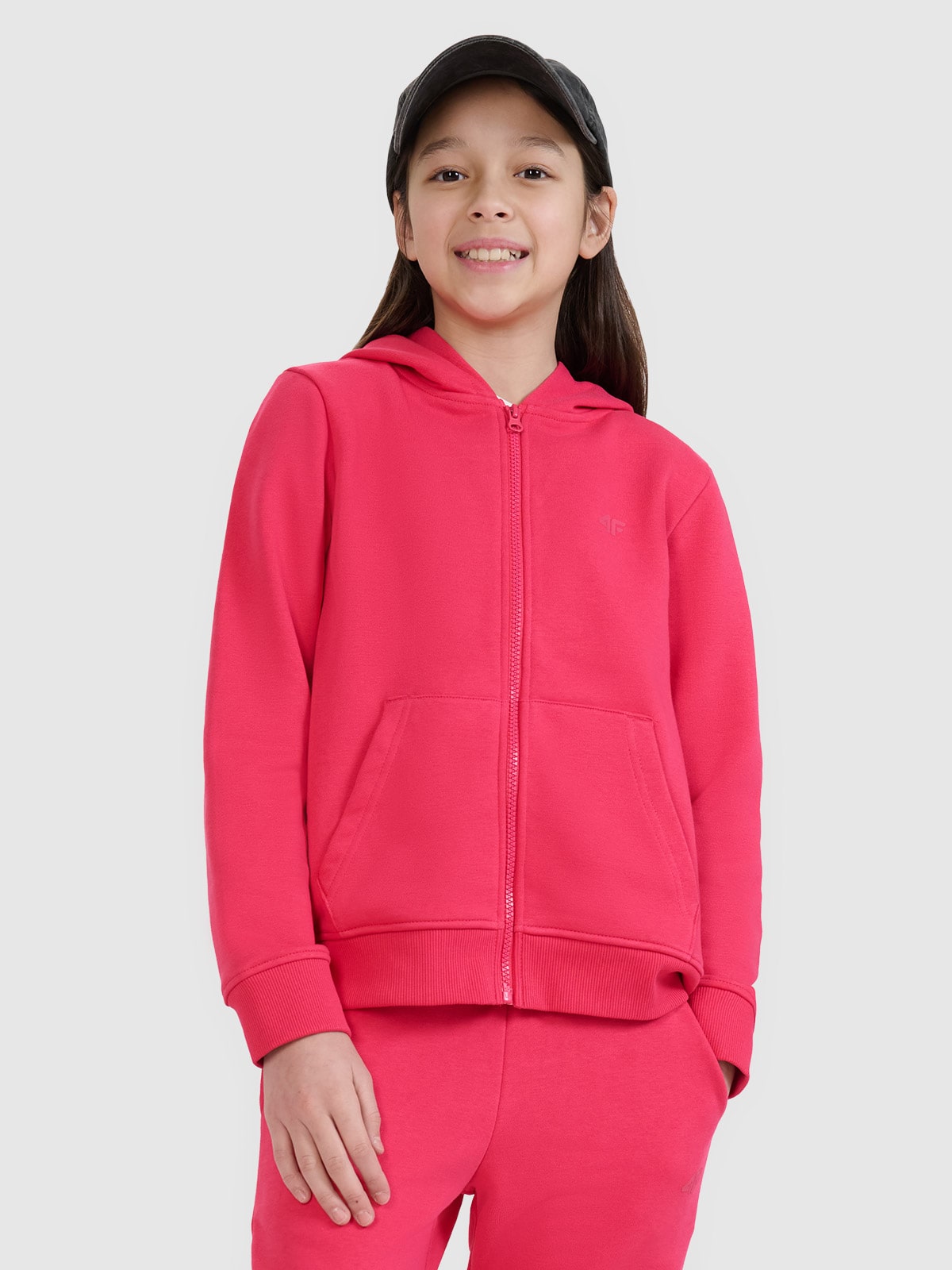 4F Bluza dresowa rozpinana z kapturem dziewczęca - różowa 122 (6-7 lat)