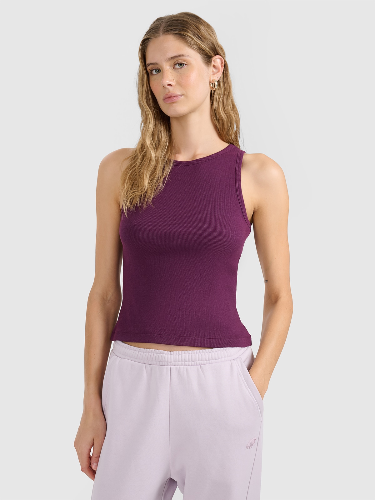 4F Top slim gładki damski - fioletowy L