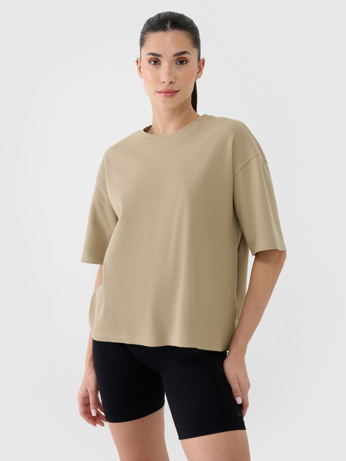 4F T-shirt regular z waflowej dzianiny damski - beżowy L