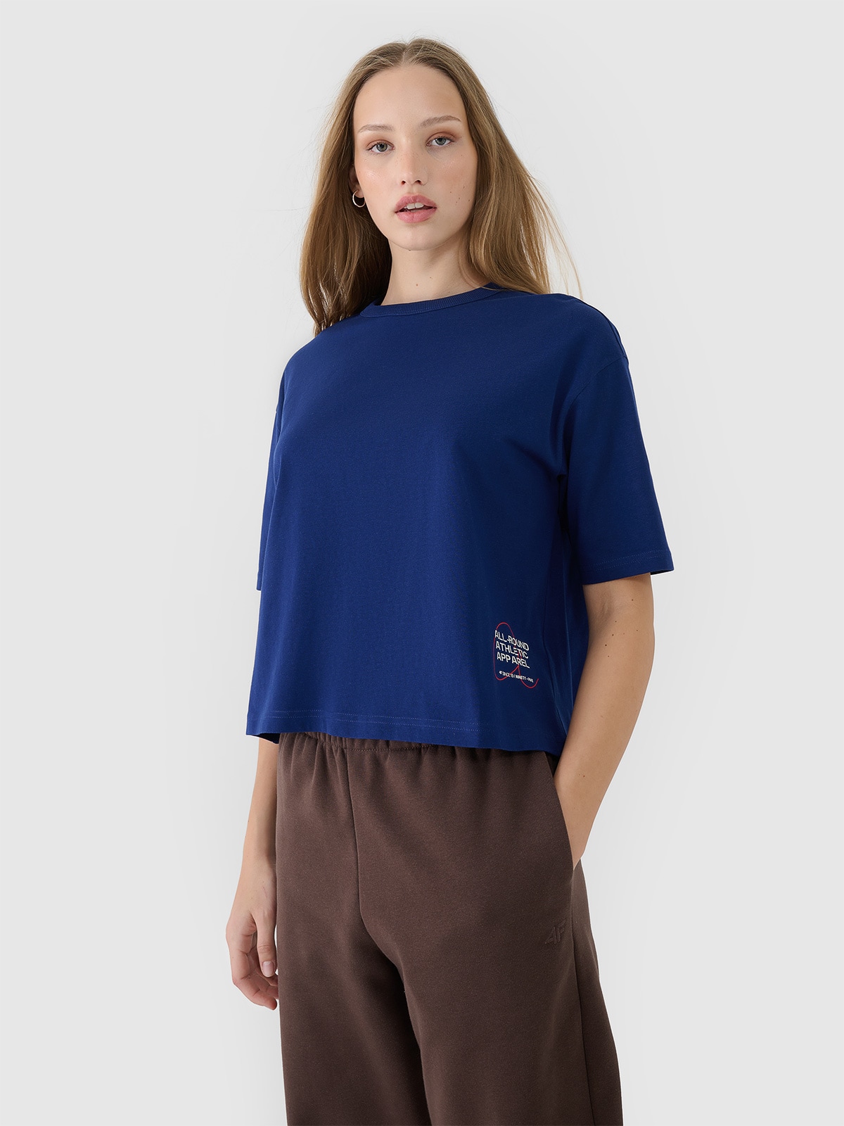 4F T-shirt oversize z nadrukiem damski - granatowy XS