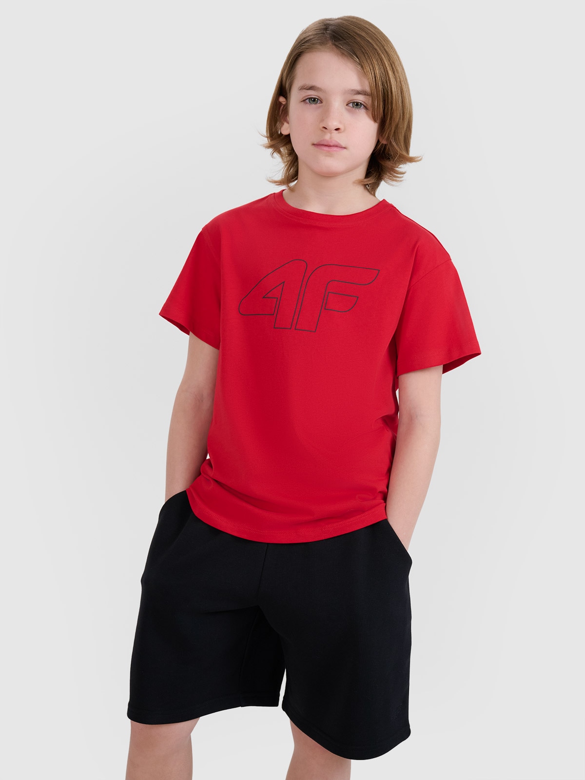 4F T-shirt oversize z nadrukiem chłopięcy - czerwony 140 (9-10 lat)