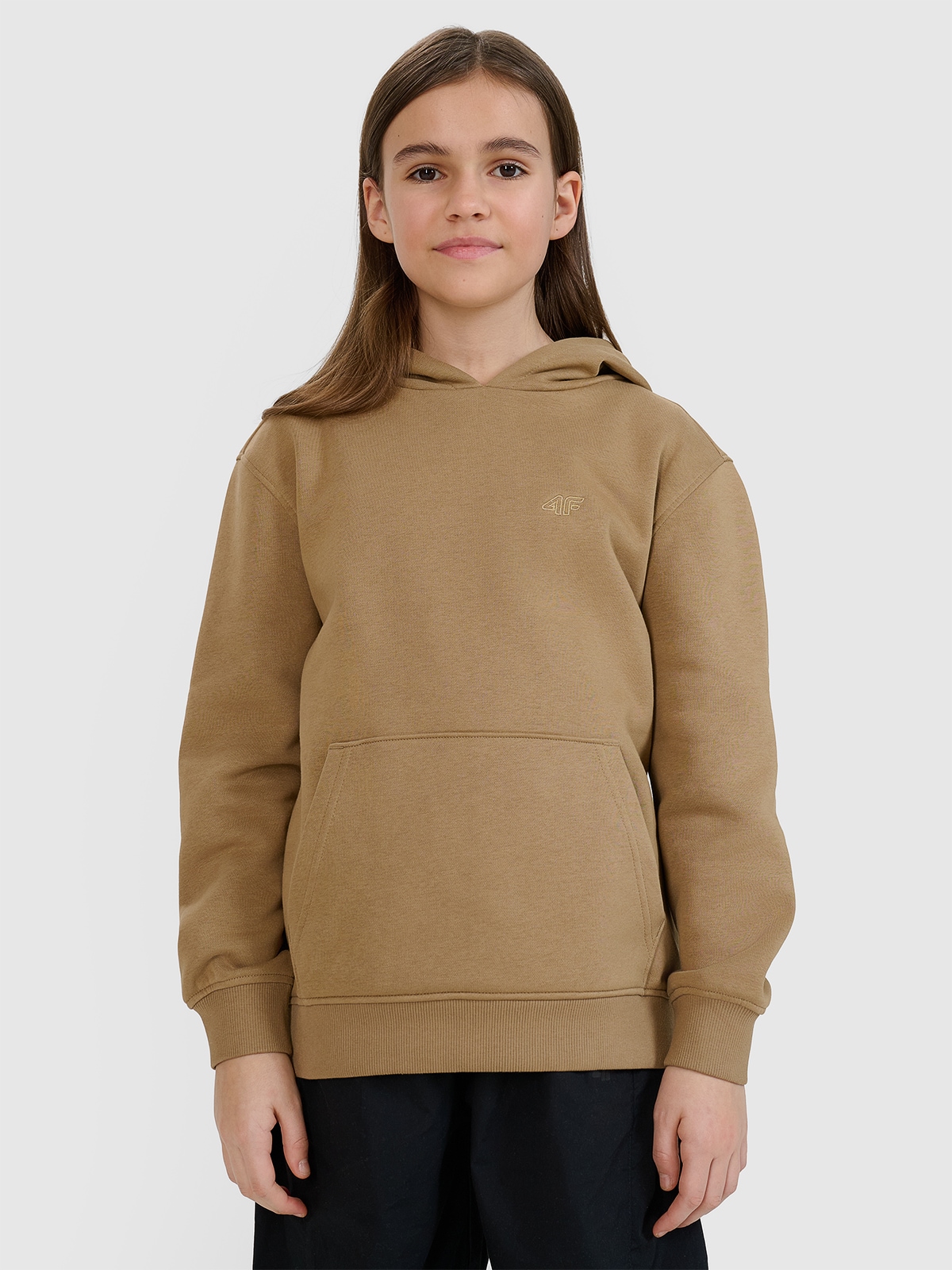 4F Bluza dresowa nierozpinana z kapturem dziewczęca - beżowa 152 (11-12 lat)