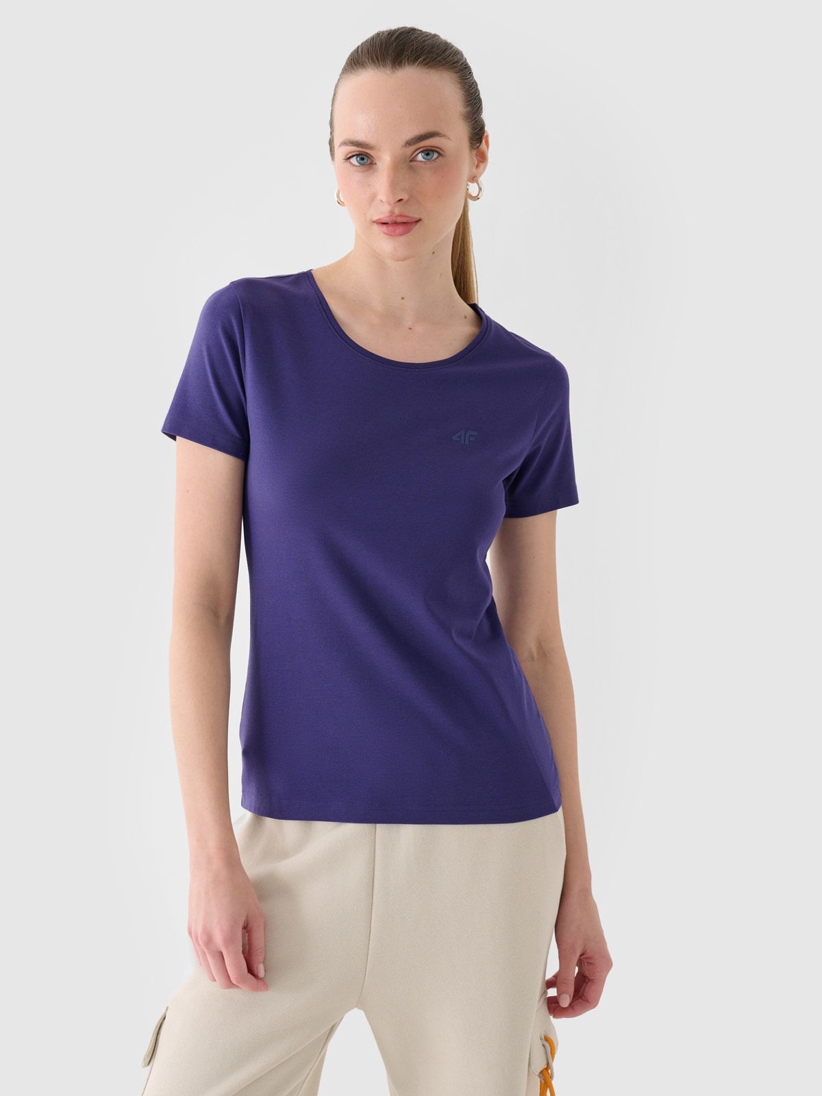 4F T-shirt slim gładki damski - granatowy XS