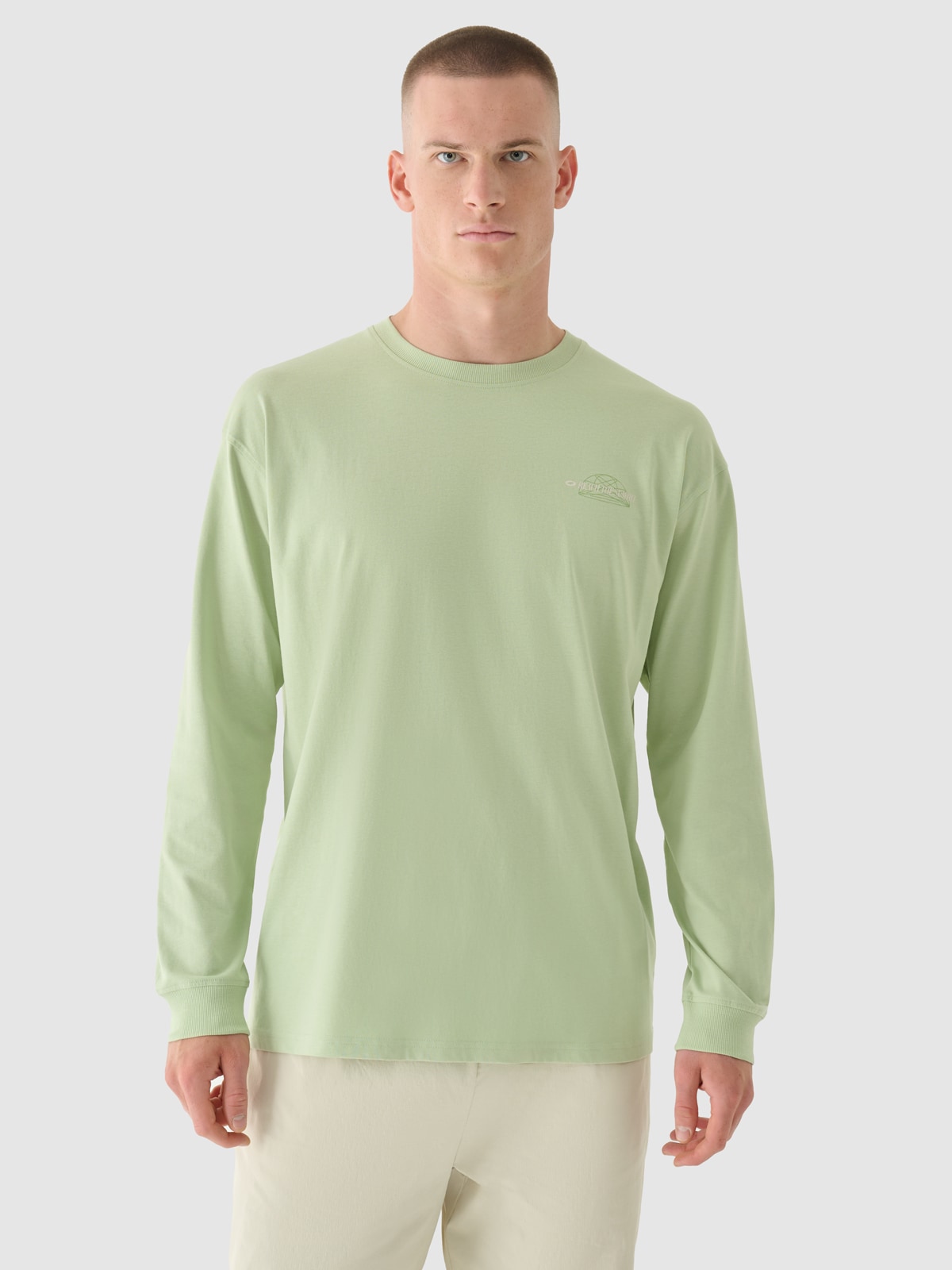 4F Longsleeve oversize z nadrukiem męski - oliwkowy/khaki M