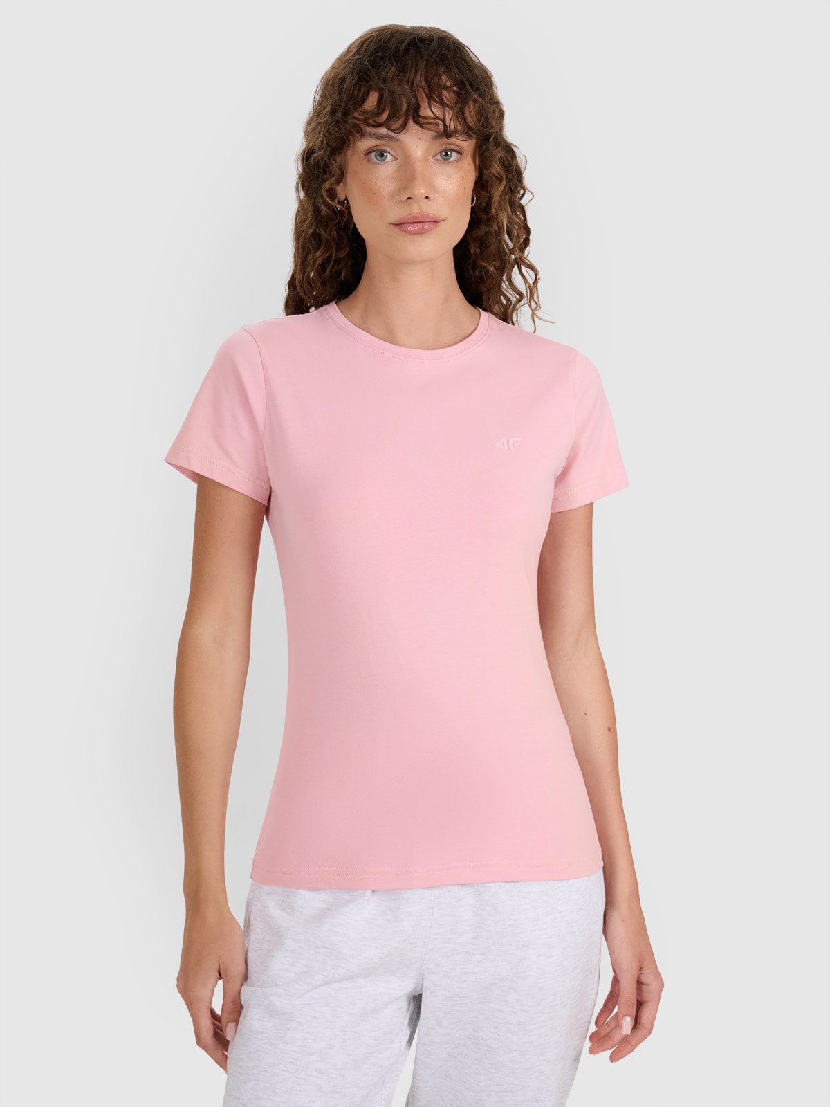 4F T-shirt slim gładki damski - różowy XS