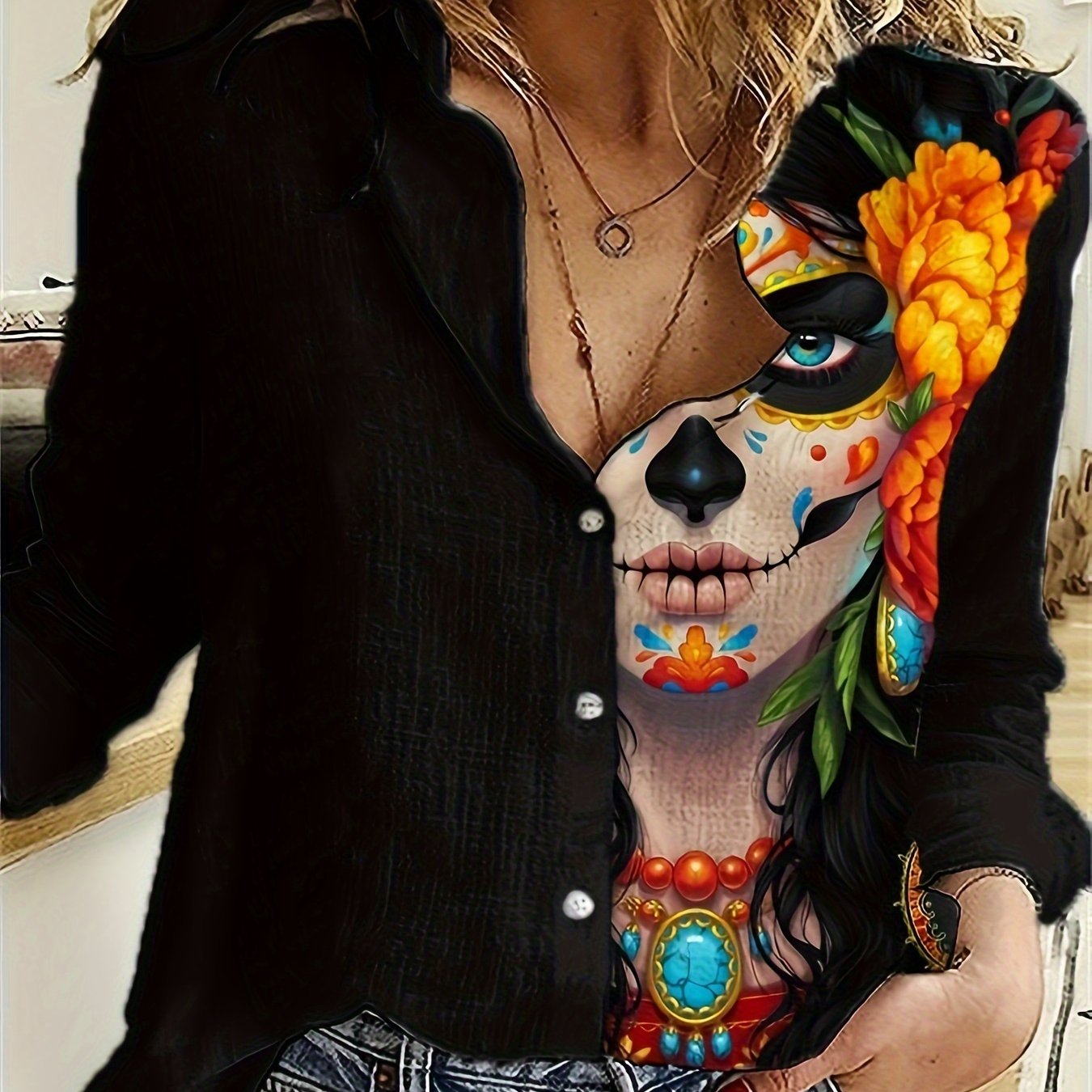 TEMU wiosenna i jesienna koszula damska z długim rękawem w stylu europejskim i amerykańskim, z nadrukiem, z klapami, luźna, codzienna