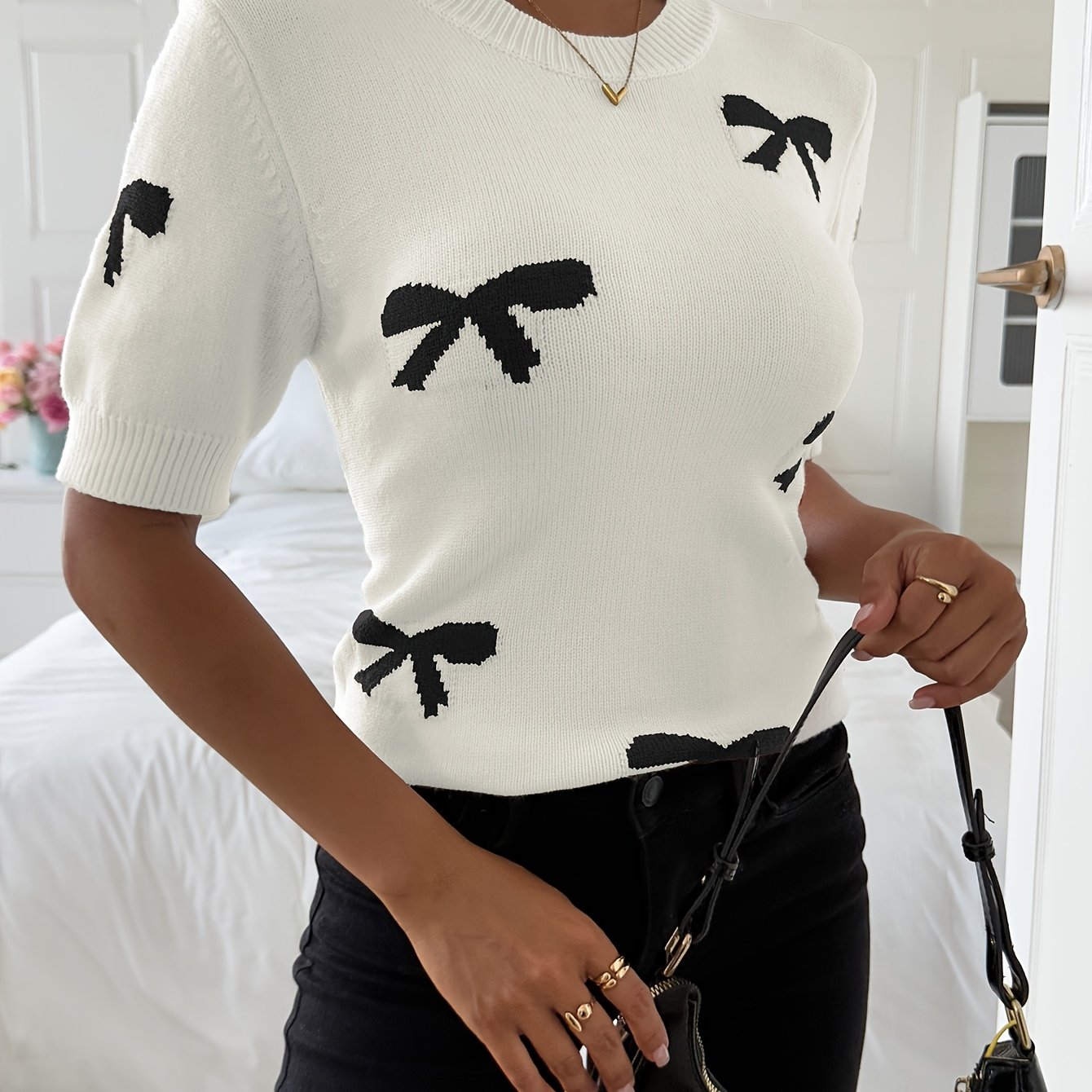 TEMU Tenggongchi Nowy Kierunkowy Elegancki Sweter Pulower z Kokardą w Klasycznym Francuskim Stylu z Krótkim Rękawem