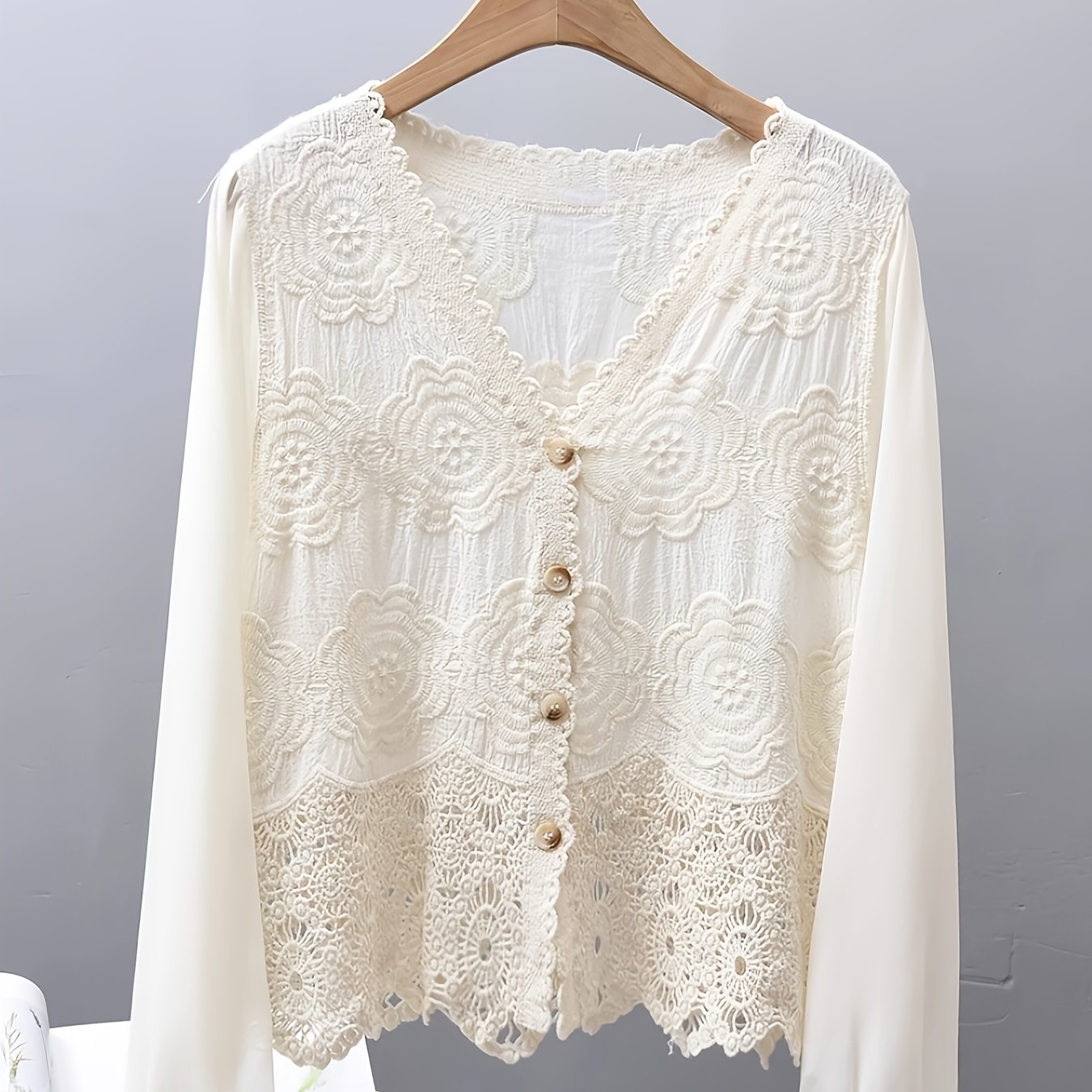 TEMU Kardigan w stylu narodowym z koronkowym haftem i szydełkowanym długim rękawem, z dekoltem w serek, z szyfonu