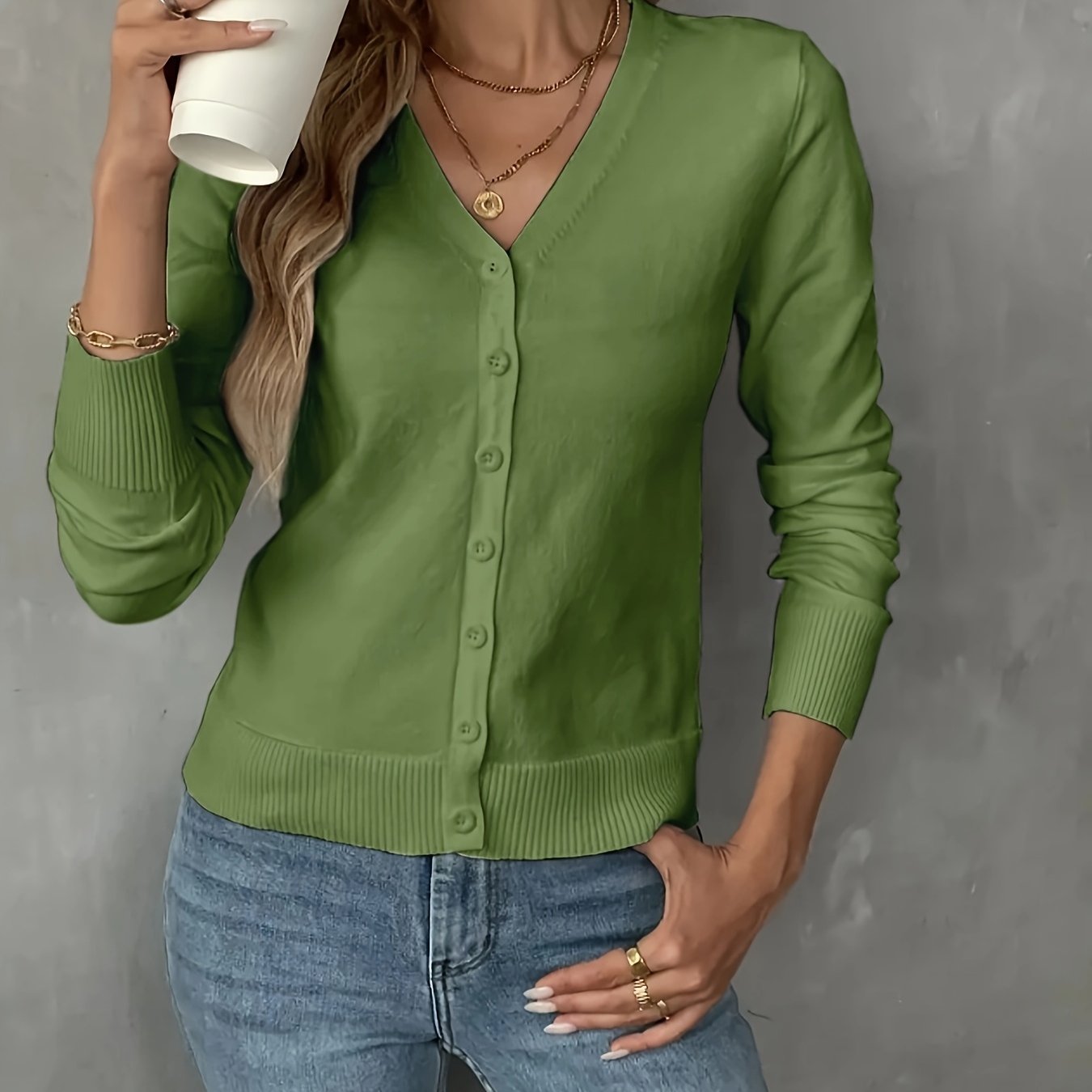 TEMU Kardigan damski z dekoltem w serek na guziki, jednokolorowy