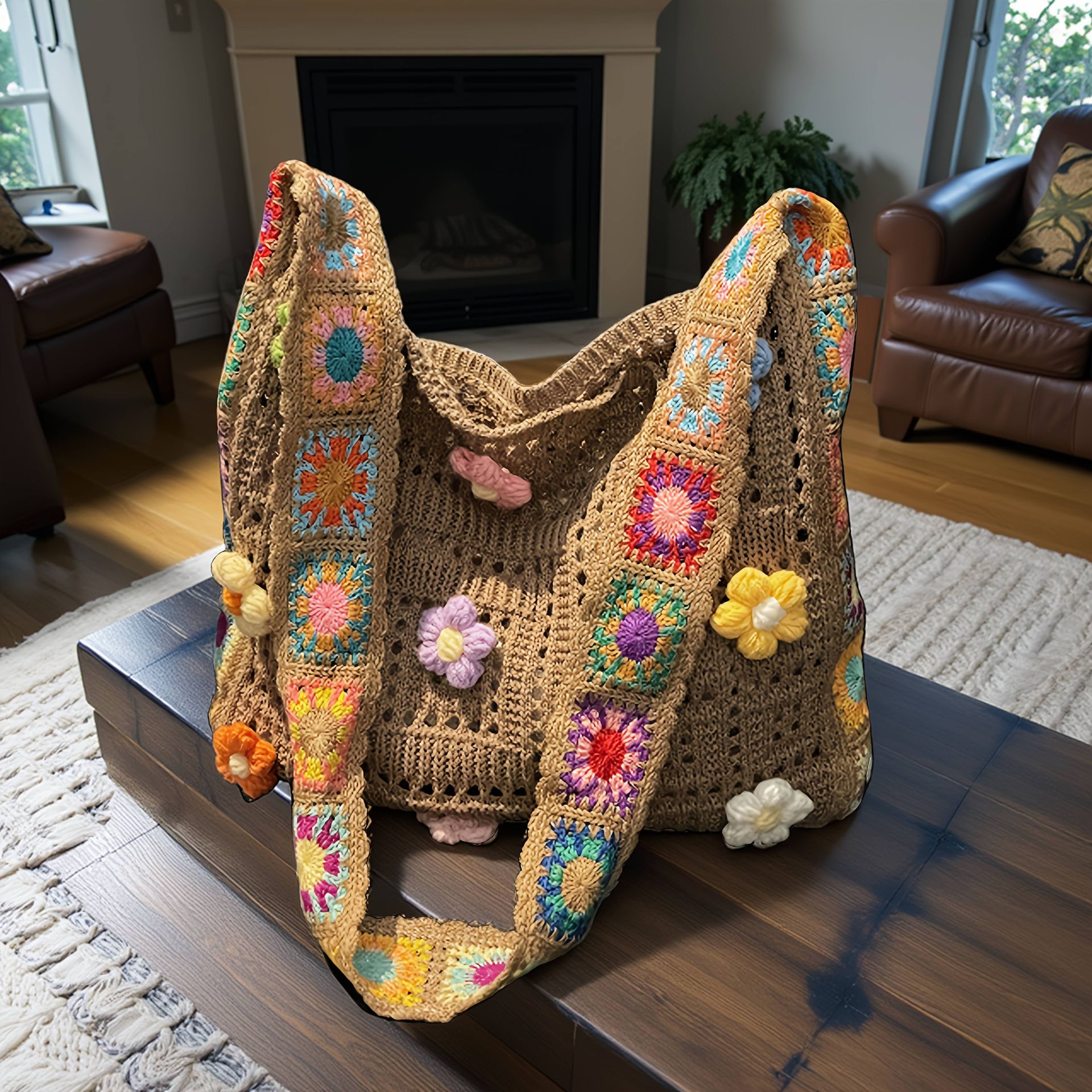 TEMU Torba typu tote w stylu bohemy o dużej pojemności, modna torebka szydełkowa w kwiaty ( i pozycja kwiatów są losowe), wielokolorowa ażurowa torba