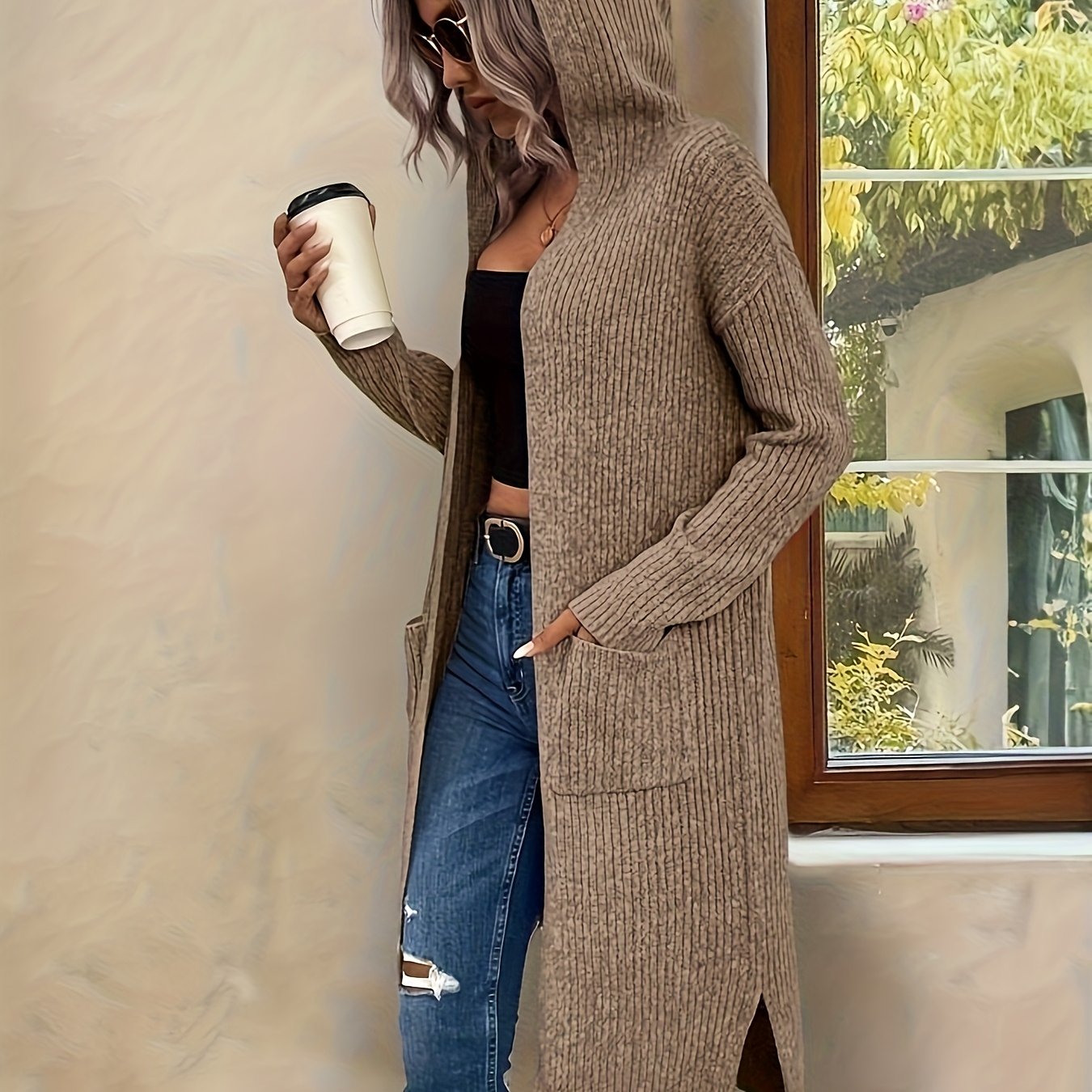 TEMU Nowy kardigan z kapturem w stylu europejskim i amerykańskim 2026, o luźnym kroju, jednokolorowy, o średniej długości, z pionową fakturą