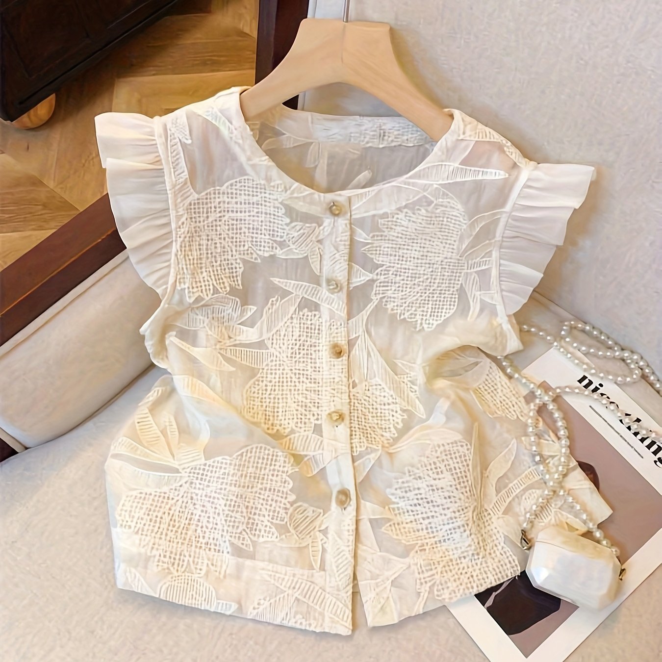 TEMU Elegancka koszulka letnia z krótkim rękawem w stylu francuskim, z pojedynczym rzędem guzików, stylowa i codzienna koszula żakardowa z krótkim