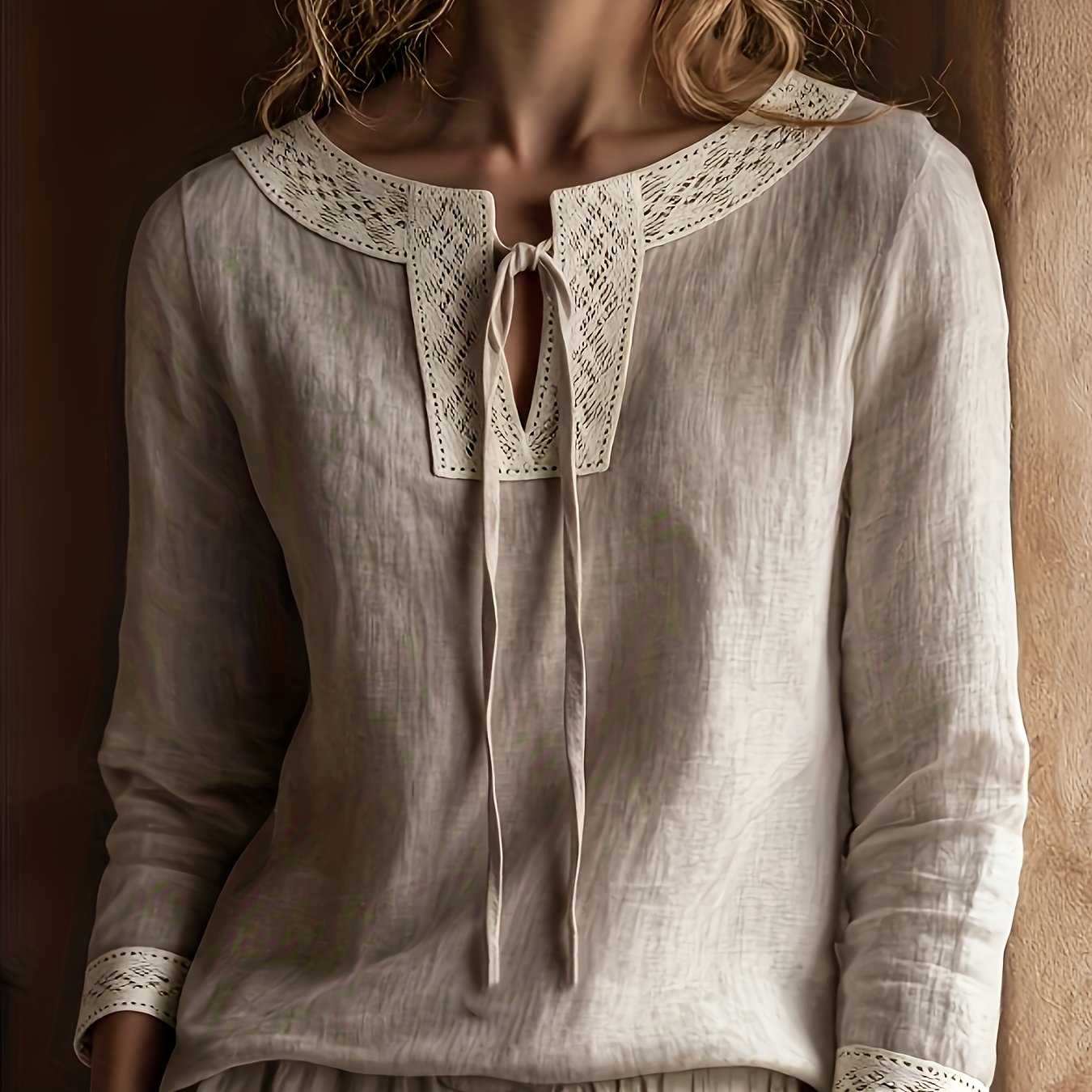TEMU Elegancka damska koszula lniana z długim rękawem, w jednolitym kolorze, z koronkowym, ażurowym kołnierzykiem, w stylu vintage - stylowy i