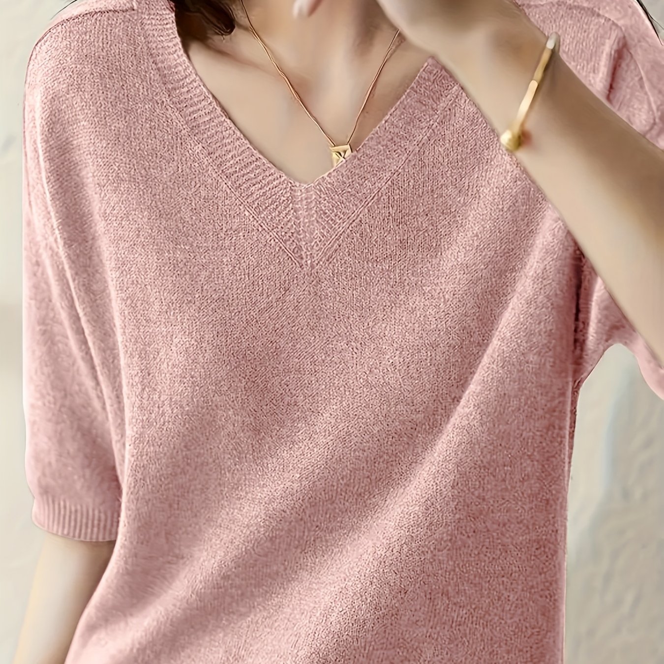 TEMU Nowy Styl Damska Lekka Koszulka z Krótkim Rękawem o Luźnym Kroju i Dekoltem w Serek, Zapewniająca Wrażenie Premium