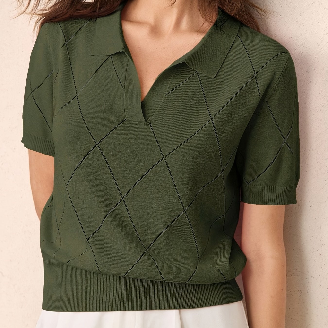 TEMU Damska koszulka polo z krótkim rękawem na wiosnę i , o luźnym kroju, w jednolitym kolorze, z perforowanym wzorem w kształcie diamentów i