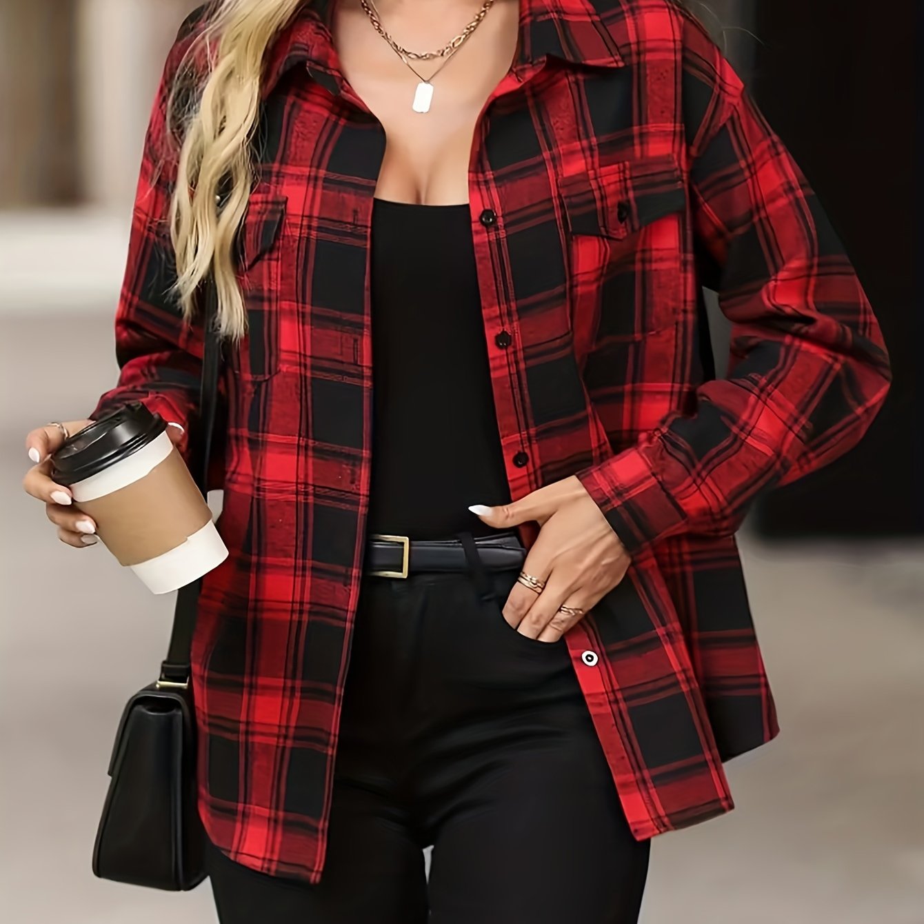 TEMU Damska Czerwono-Czarna Kratka Koszula z Kołnierzykiem - Długi Rękaw, Klasyczne Guziki na Wiosnę/Jesień do Biura i Półformalnych Stylizacji,