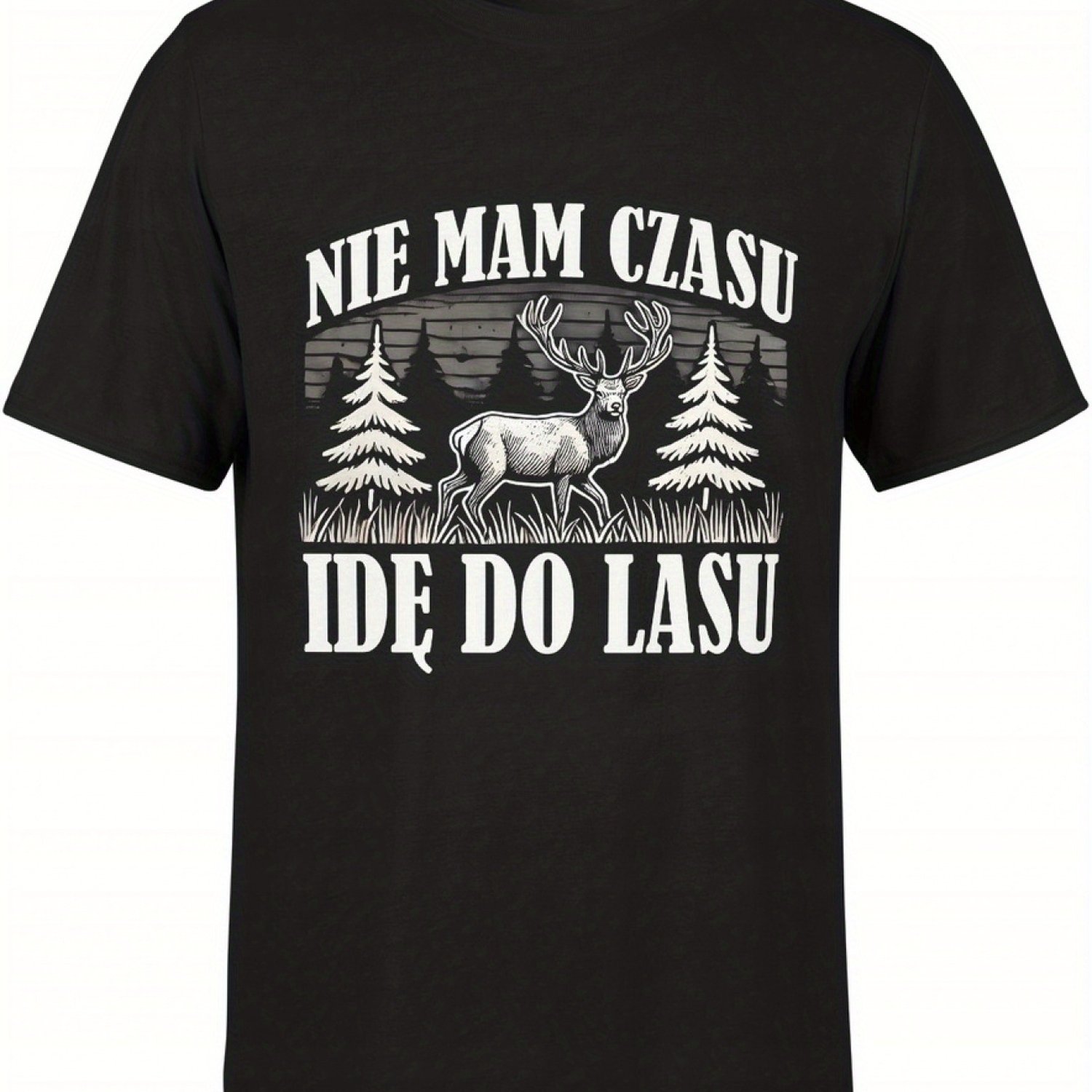 TEMU Męska Koszulka Vintage Myśliwska - Czarna Bluza z Jeleniem, Sosnami i Polskim Napisem Myśliwskim - Luźny Fason, Casualowa Koszulka dla Myśliwych