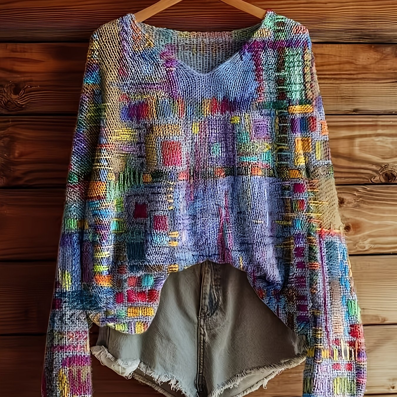 TEMU 2025 Wiosna/Jesień Damska Sweter z Geometrycznym Wzorem – Oddychający, Elegancki, , Łatwy w Pielęgnacji, Pranie w Praniarce, Miękki i Modny