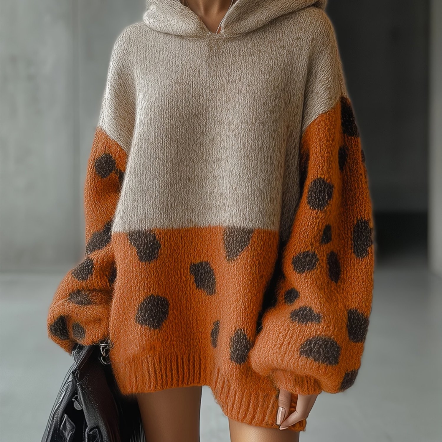 TEMU Elegancka sukienka damska z kapeluszem, w leopardy, z blokami kolorów, teksturowana, w kropki, żakardowa, dopasowana kolorystycznie, miękka i