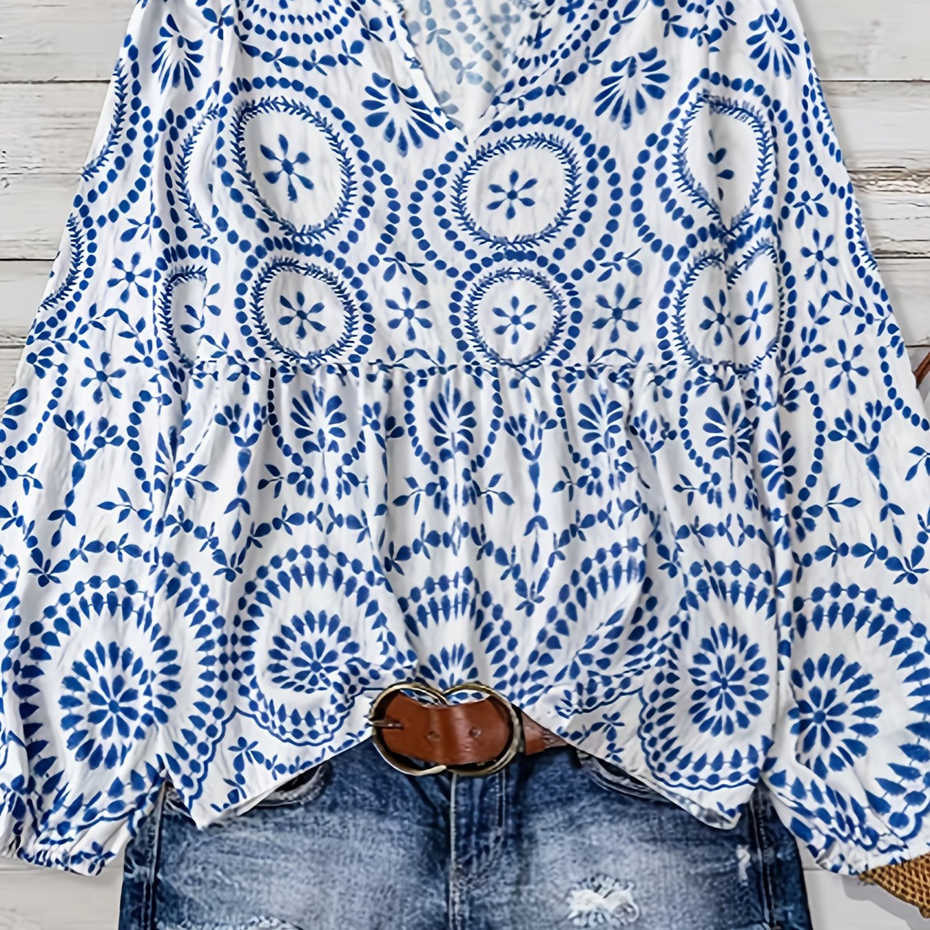 TEMU Elegancka damska koszula z długim rękawem z nadrukiem bambusa, idealna na co dzień Dekolt w serek, drapowane detale, idealna na wiosnę//jesień