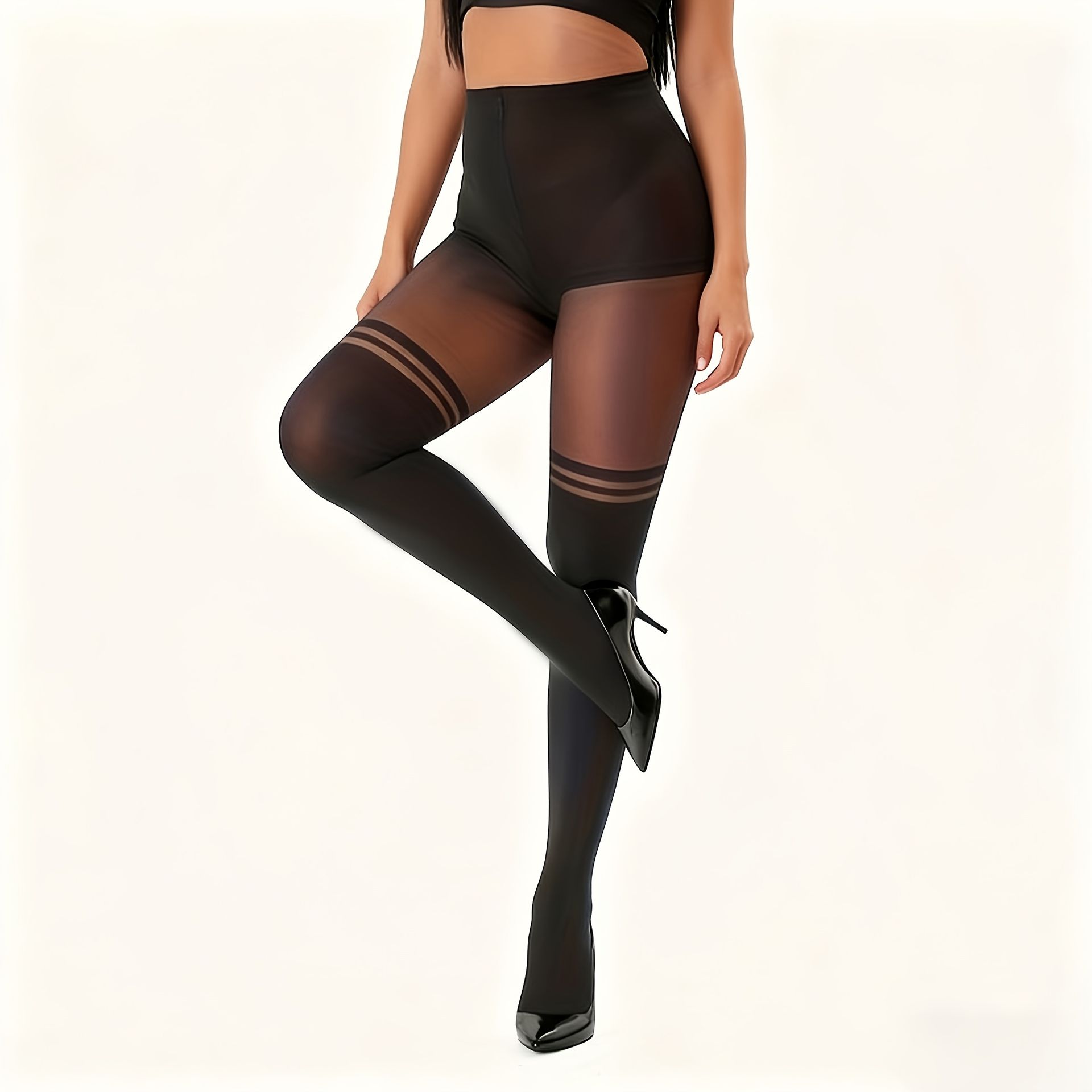 TEMU Damskie Rajstopy 30D Czarne w Paski, Fałszywe Wysokie Udo, Styl Preppy, Wysoki Stan, Elastyczne, Jednolite, Na Wszystkie Pory Roku, Do Pracy i