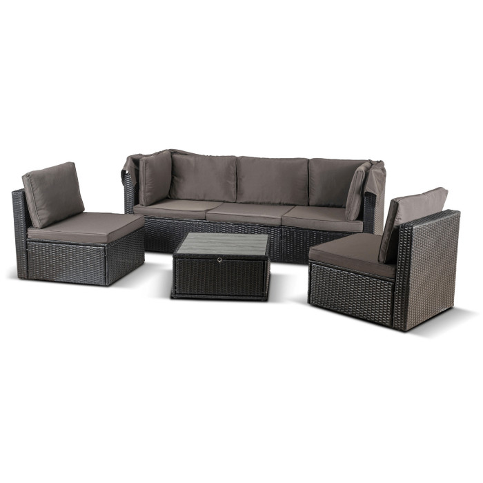 CALIENTE Zestaw Mebli Ogrodowych Modułowy Sofa 2x Fotel Stolik Tarasowy Czarny/Brązowy Technorattan Nowoczesny