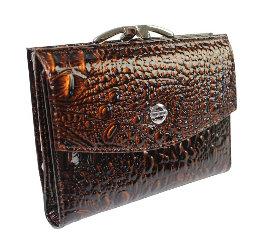 Portfel Damski Skórzany NICOLE Klamra Skóra Naturalna Lakierowana Z Klapką 47003 BRĄZOWY 12 x 9 x 2,5 [cm]
