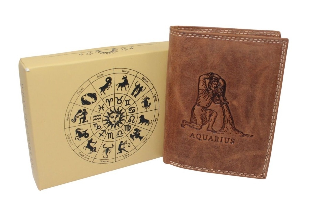 Portfel Męski Skórzany Polska Galanteria (PL) Skóra Licowa Pionowy Bez Zapięcia Znak Zodiaku Wodnik RIFD 12,5 x 9,5 x 2,5 [cm}